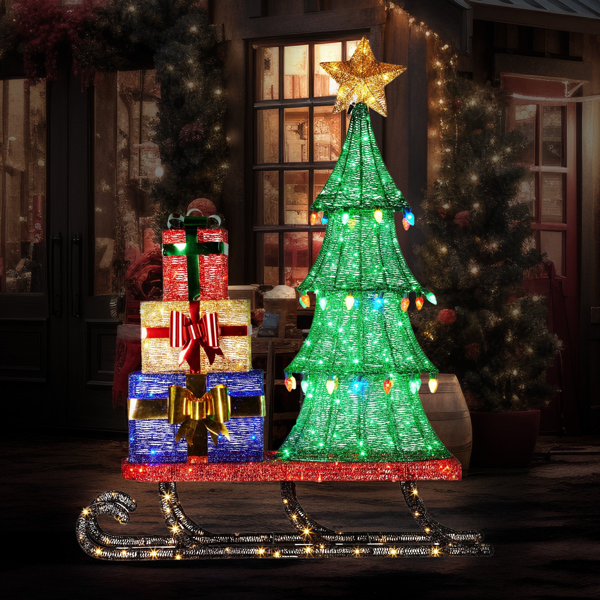 Christabelle Christmas Display Sled 183cm With Tree And Presents Led Lights & C9 Bulbs V240-112_SB404