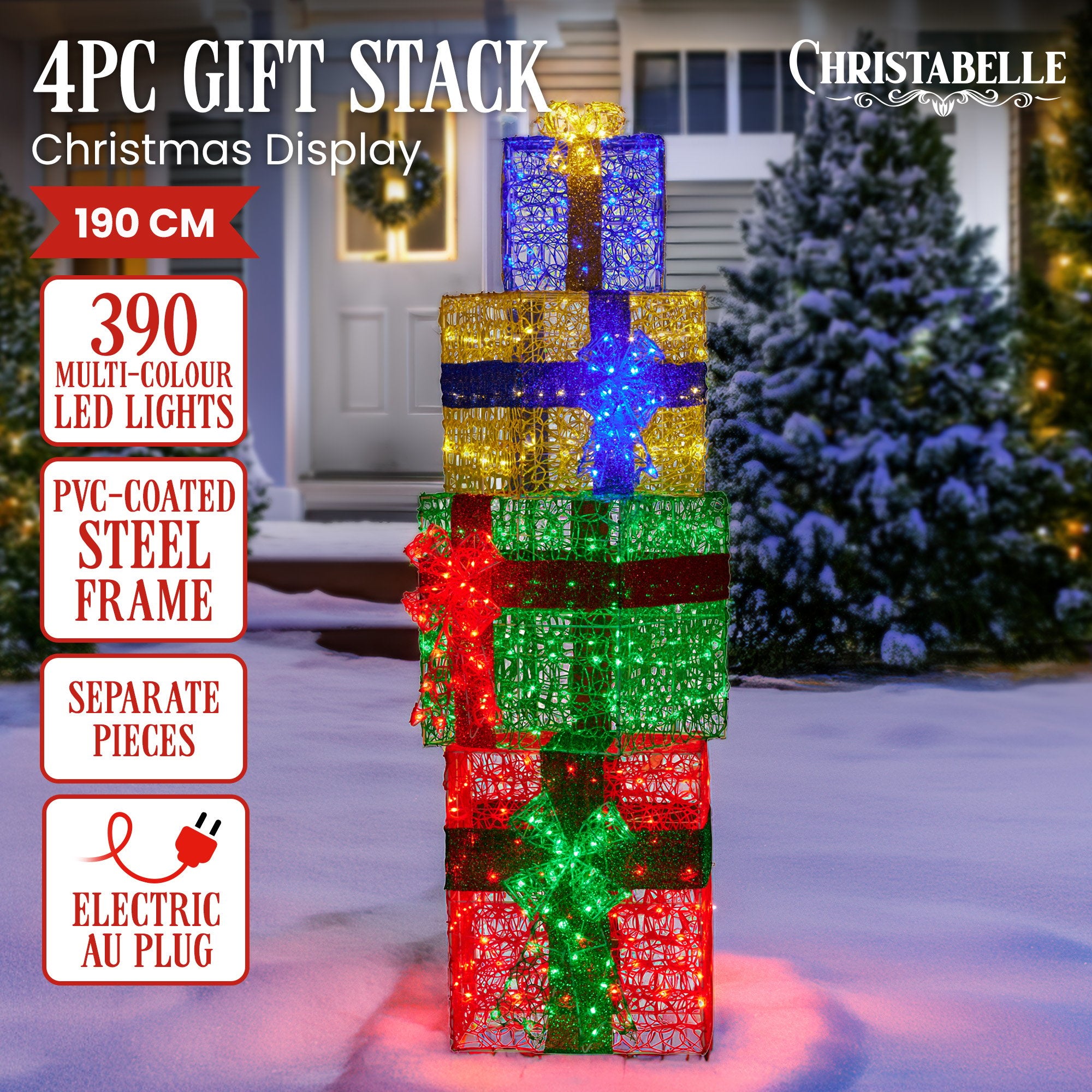 Christabelle 190cm 4-piece Gift Stack Box Christmas Decor Bows Led Lights Xmas V240-112_SB503