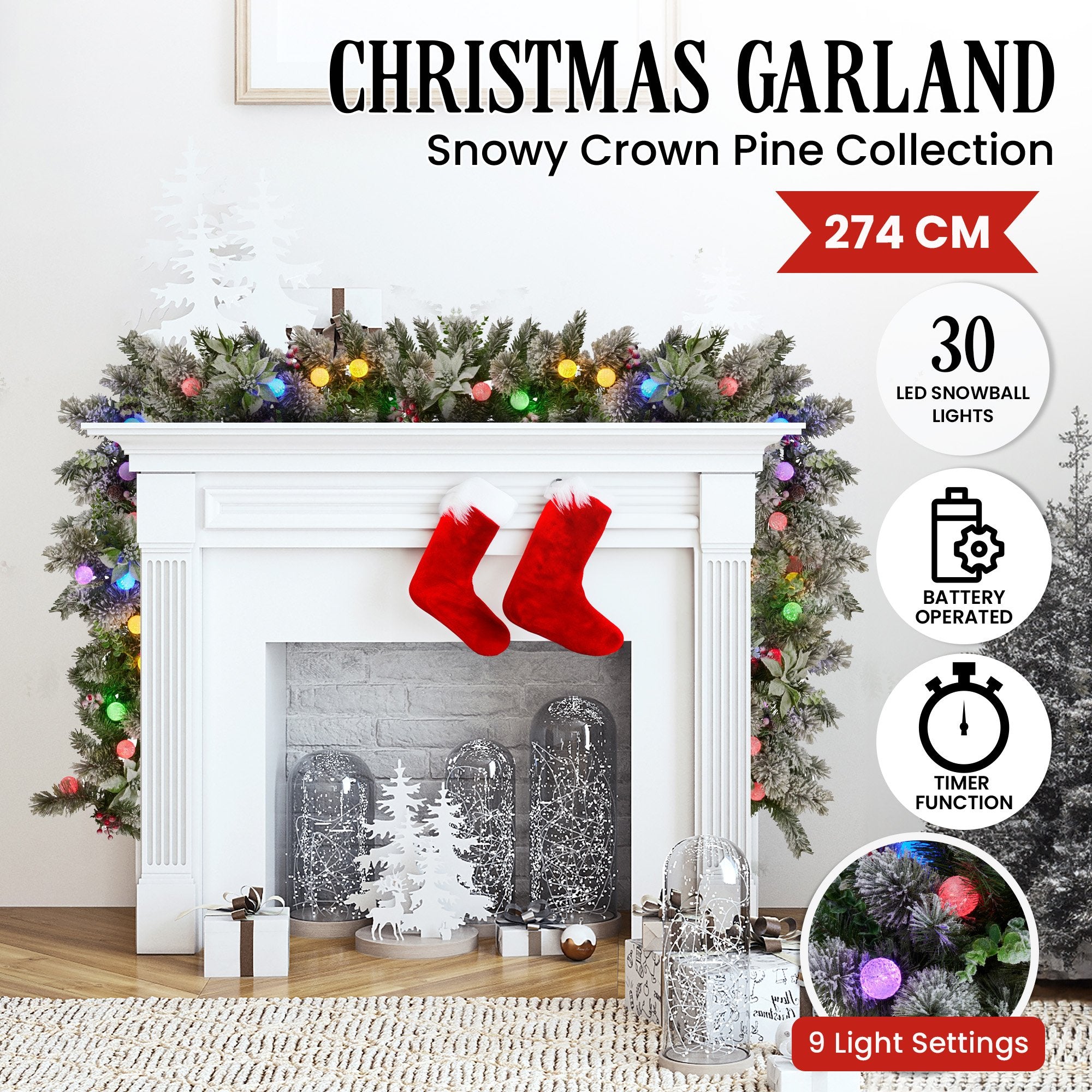 Swishmas 274cm Snowy Crown Pine Pre-Lit Multicolour Christmas Garland V240-112_SENCR105
