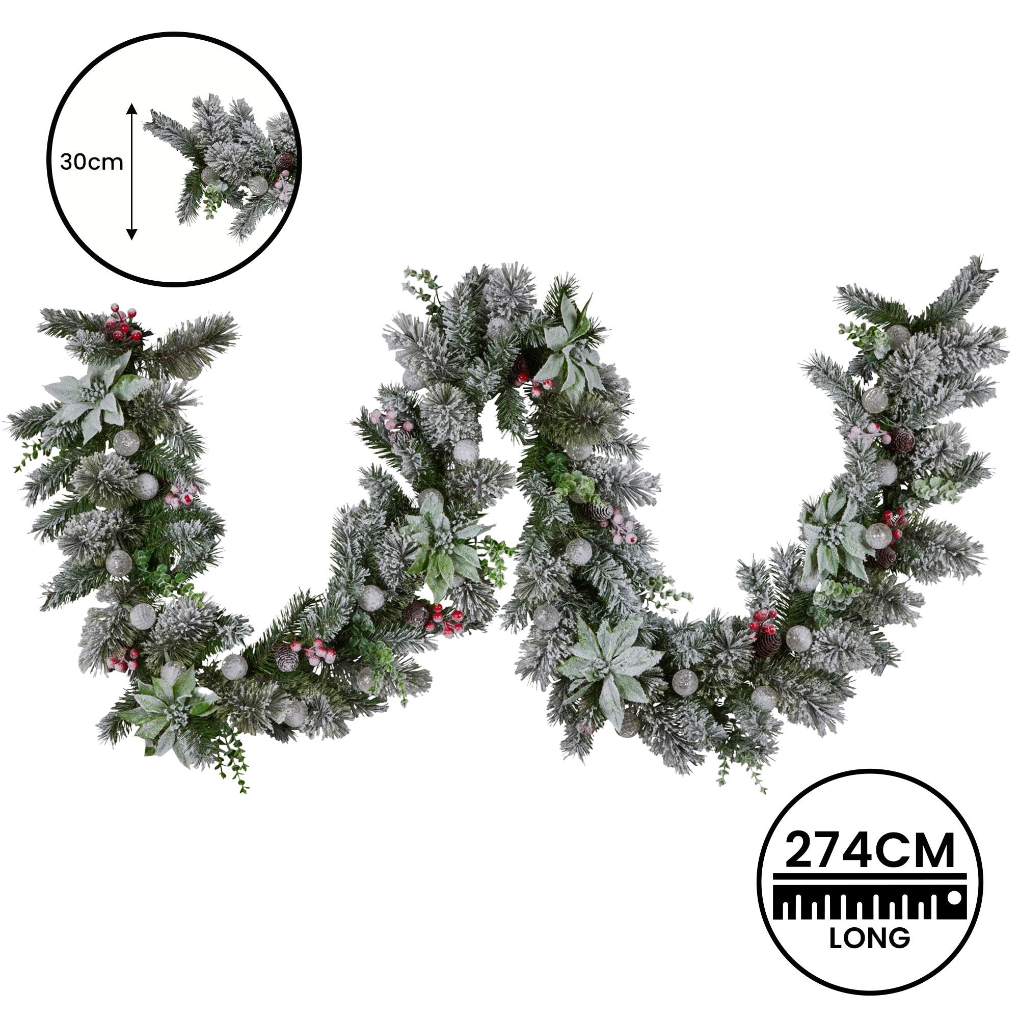 Swishmas 274cm Snowy Crown Pine Pre-Lit Multicolour Christmas Garland V240-112_SENCR105