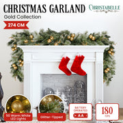 Christabelle 2.7m Christmas Garland with Gold Baubles and LED Lights Mantle Decoration Ornament V240-112_SENG274