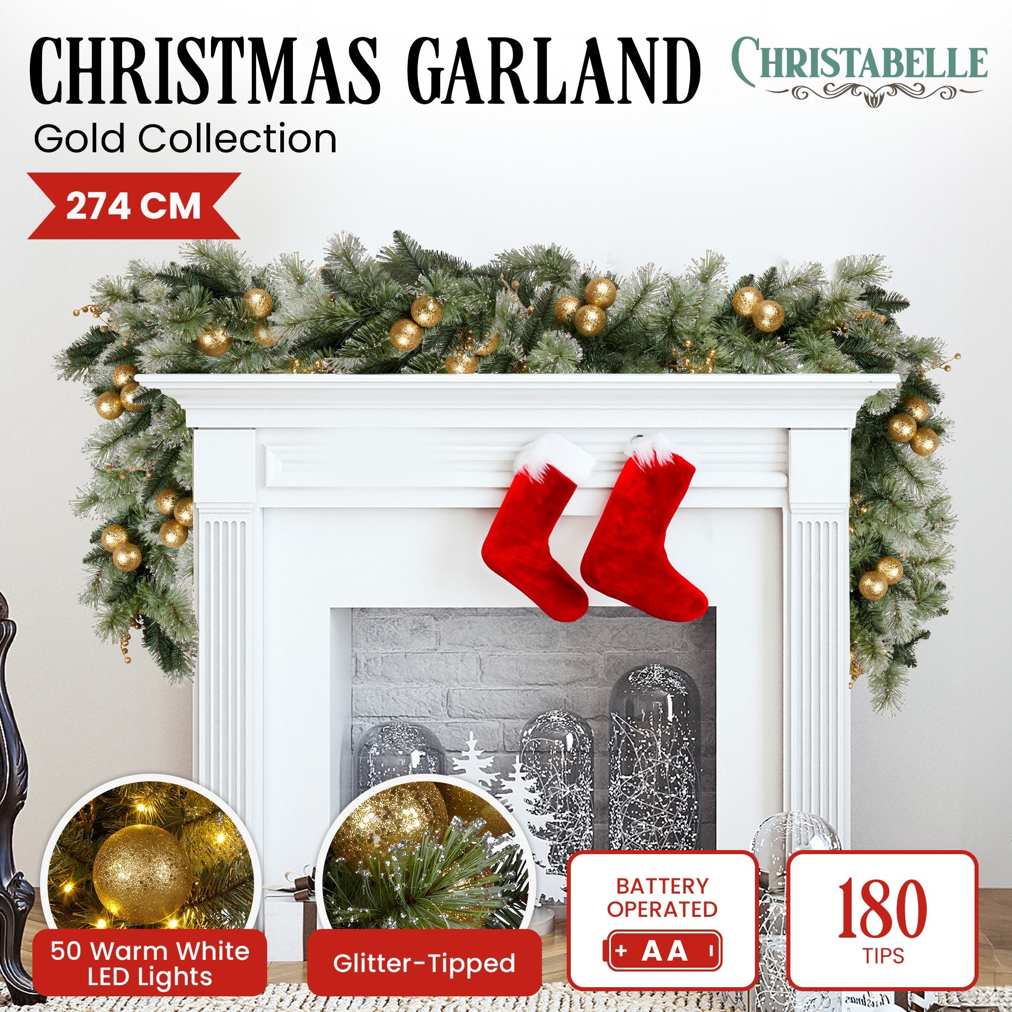 Christabelle 2.7m Christmas Garland with Gold Baubles and LED Lights Mantle Decoration Ornament V240-112_SENG274