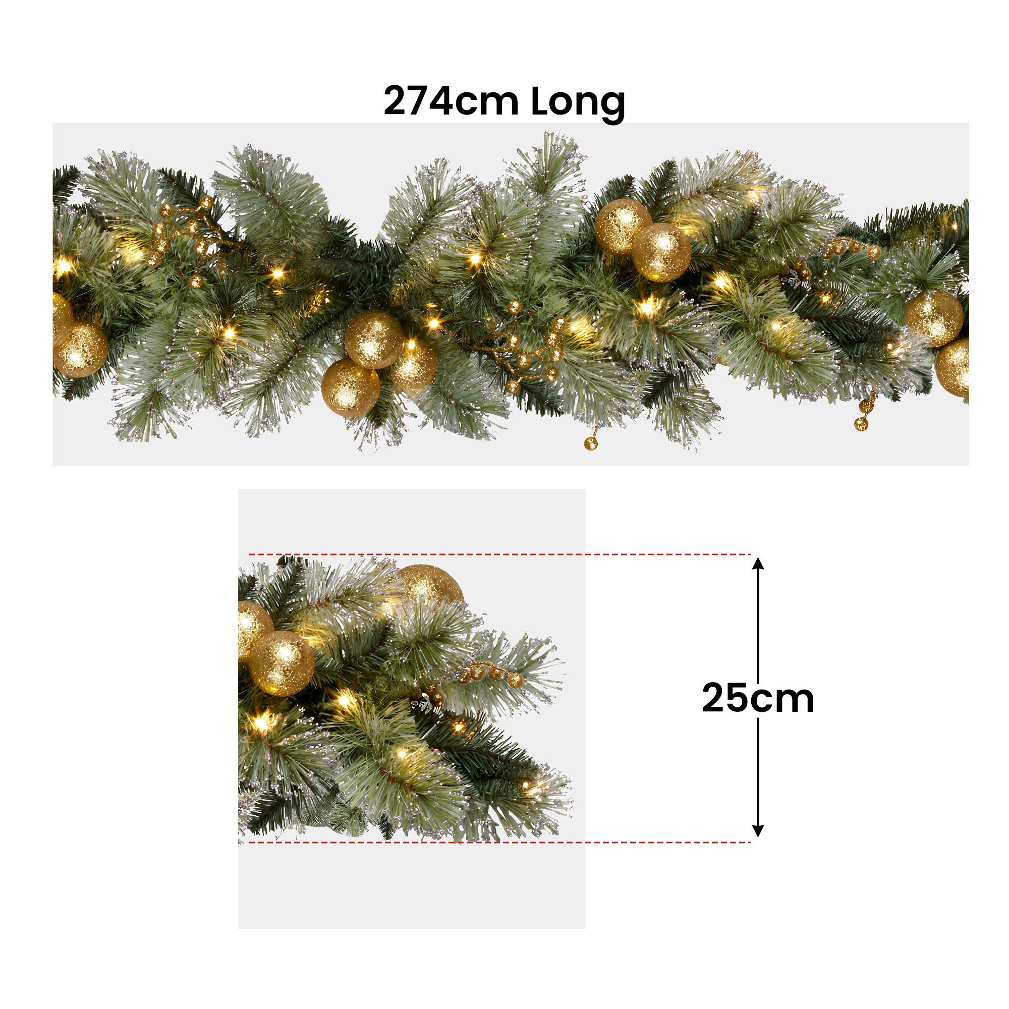 Christabelle 2.7m Christmas Garland with Gold Baubles and LED Lights Mantle Decoration Ornament V240-112_SENG274