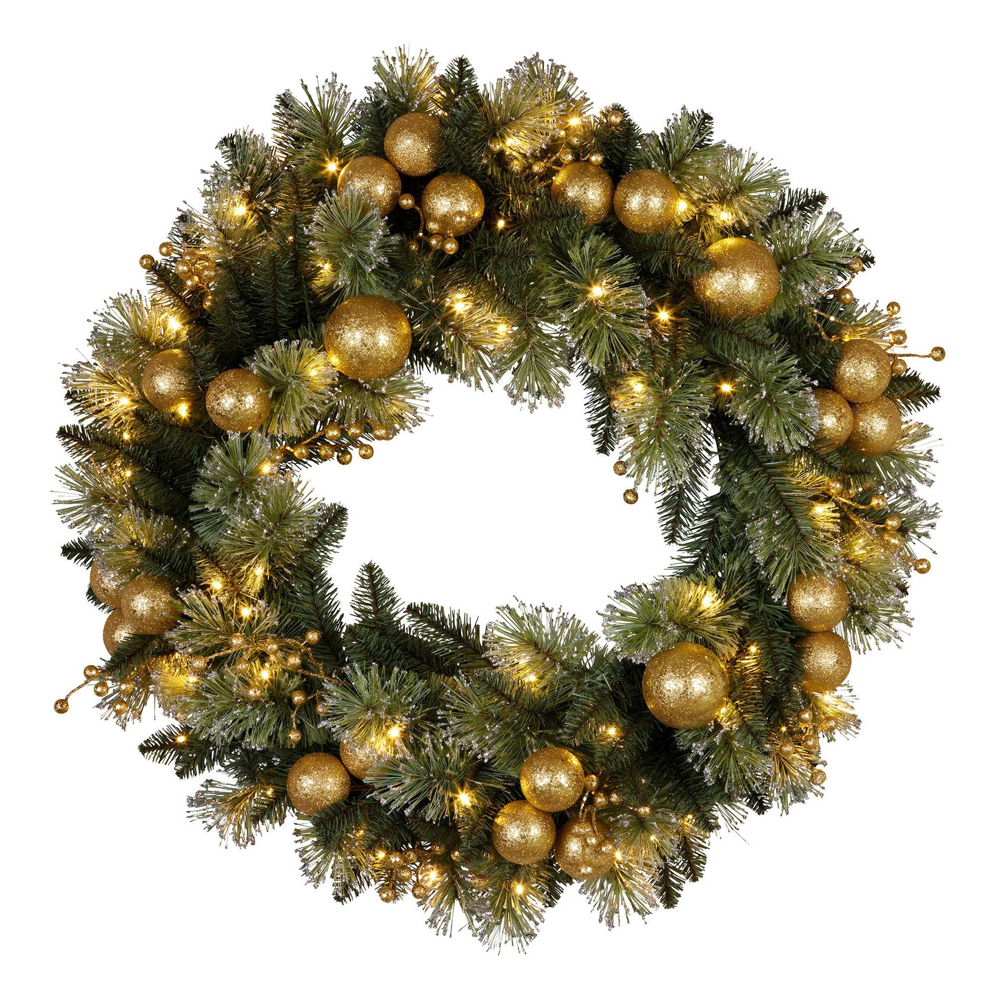 Christabelle 61cm Christmas Wreath Glittery Tipped with LED Lights and Golden Baubles Front Door Decoration V240-112_SENG61