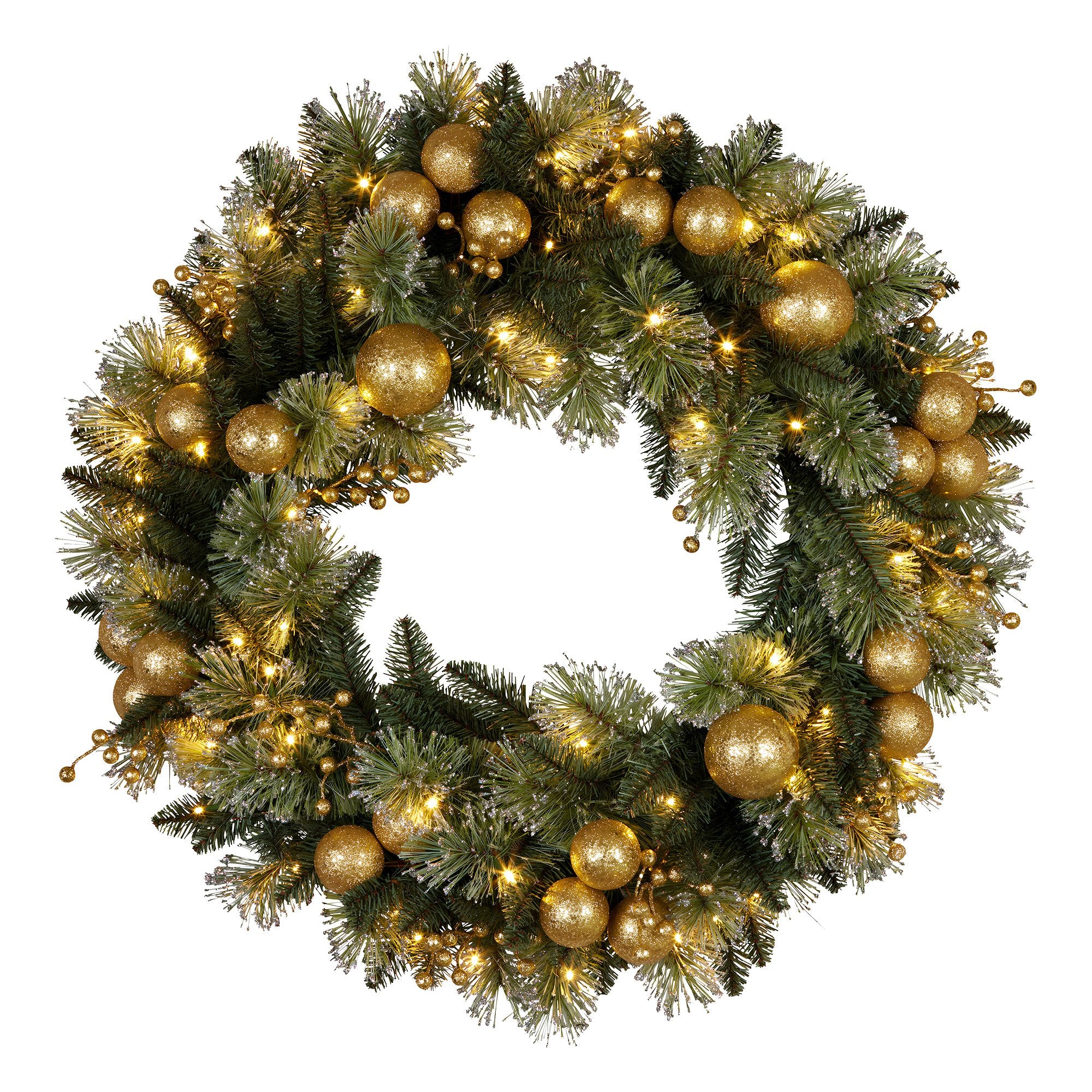 Christabelle 61cm Christmas Wreath Glittery Tipped with LED Lights and Golden Baubles Front Door Decoration V240-112_SENG61