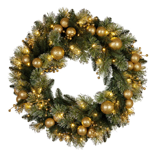 Christabelle 61cm Christmas Wreath Glittery Tipped with LED Lights and Golden Baubles Front Door Decoration V240-112_SENG61
