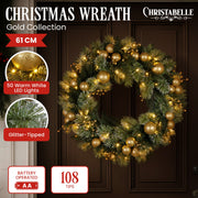 Christabelle 61cm Christmas Wreath Glittery Tipped with LED Lights and Golden Baubles Front Door Decoration V240-112_SENG61