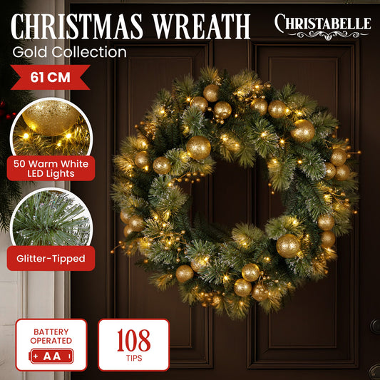 Christabelle 61cm Christmas Wreath Glittery Tipped with LED Lights and Golden Baubles Front Door Decoration V240-112_SENG61