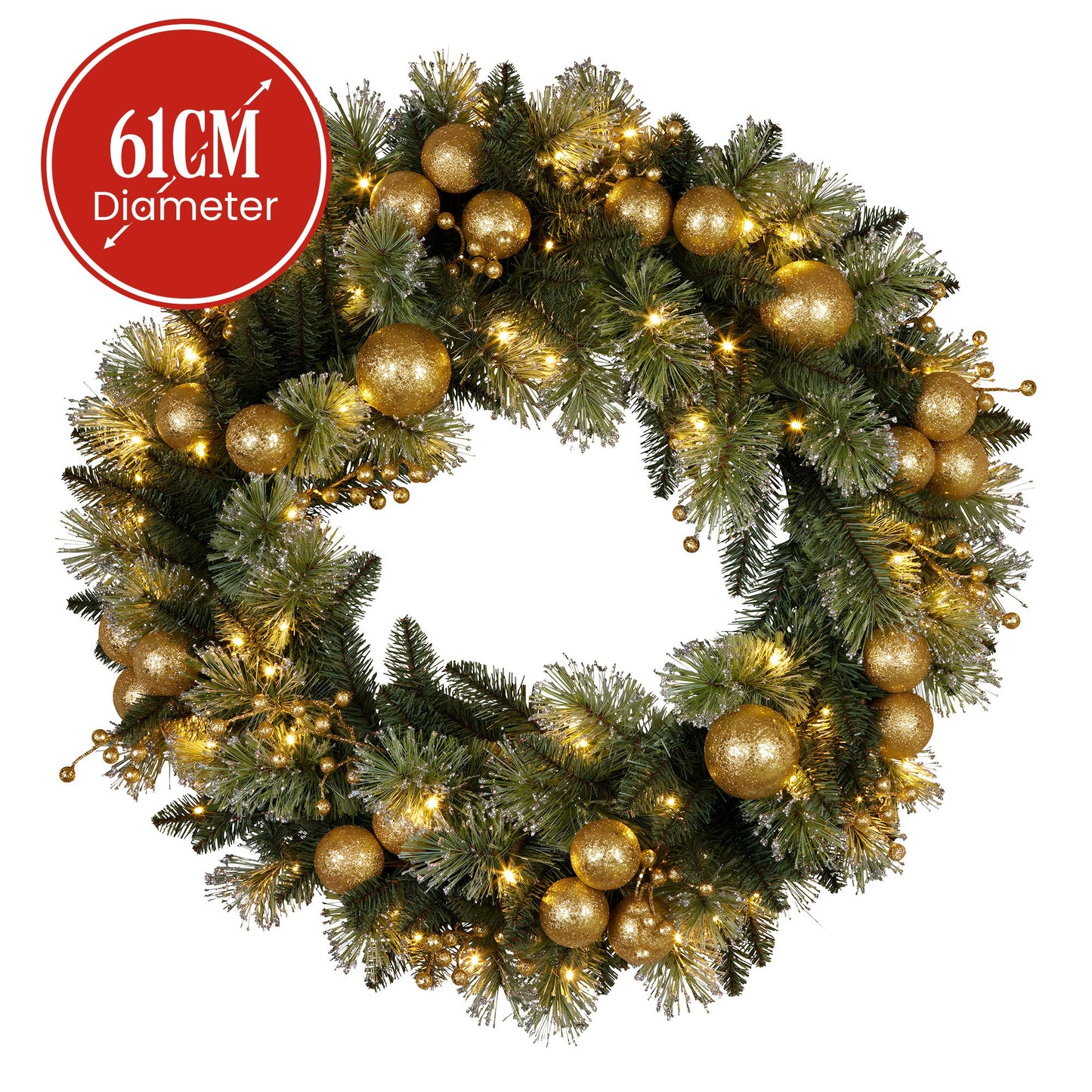 Christabelle 61cm Christmas Wreath Glittery Tipped with LED Lights and Golden Baubles Front Door Decoration V240-112_SENG61