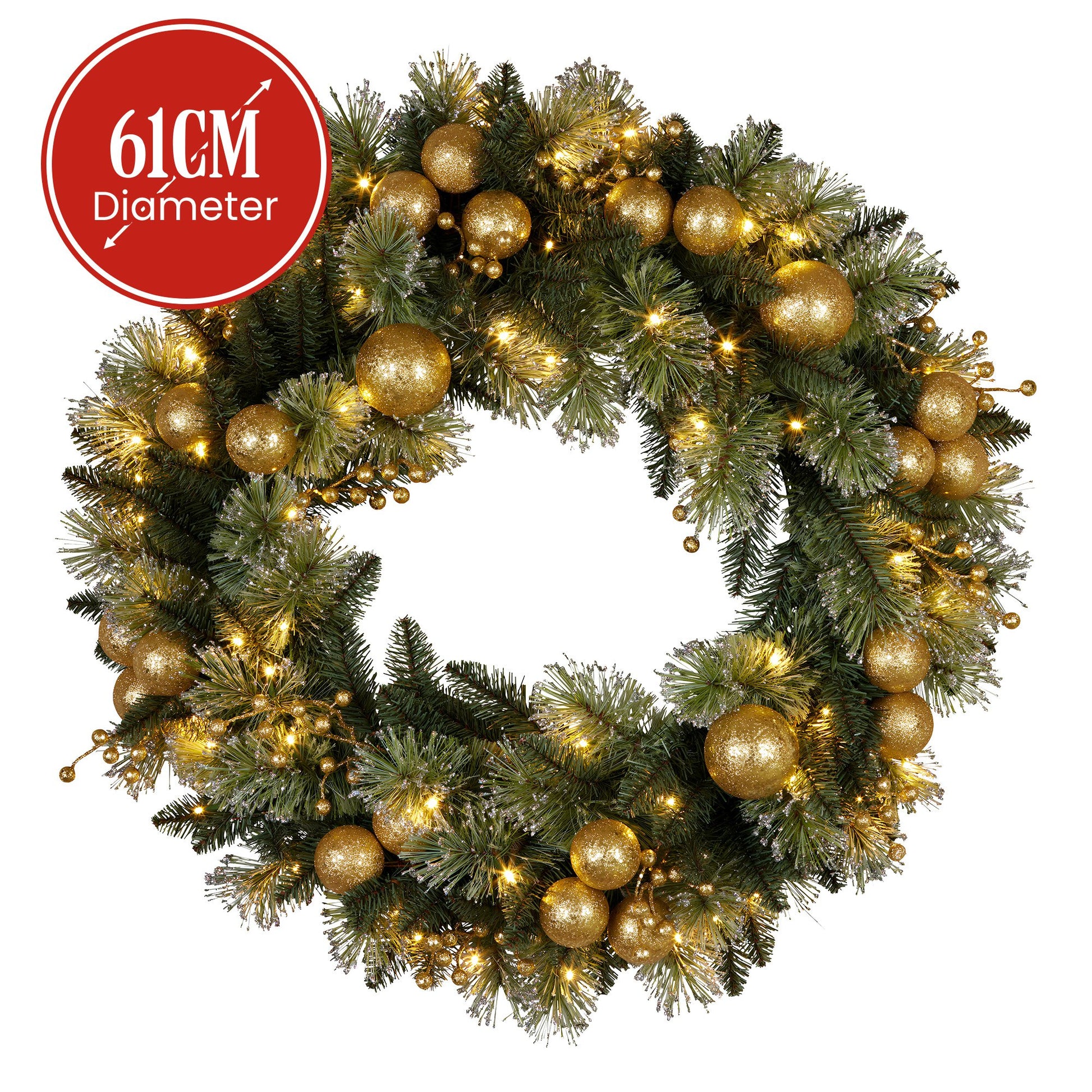 Christabelle 61cm Christmas Wreath Glittery Tipped with LED Lights and Golden Baubles Front Door Decoration V240-112_SENG61