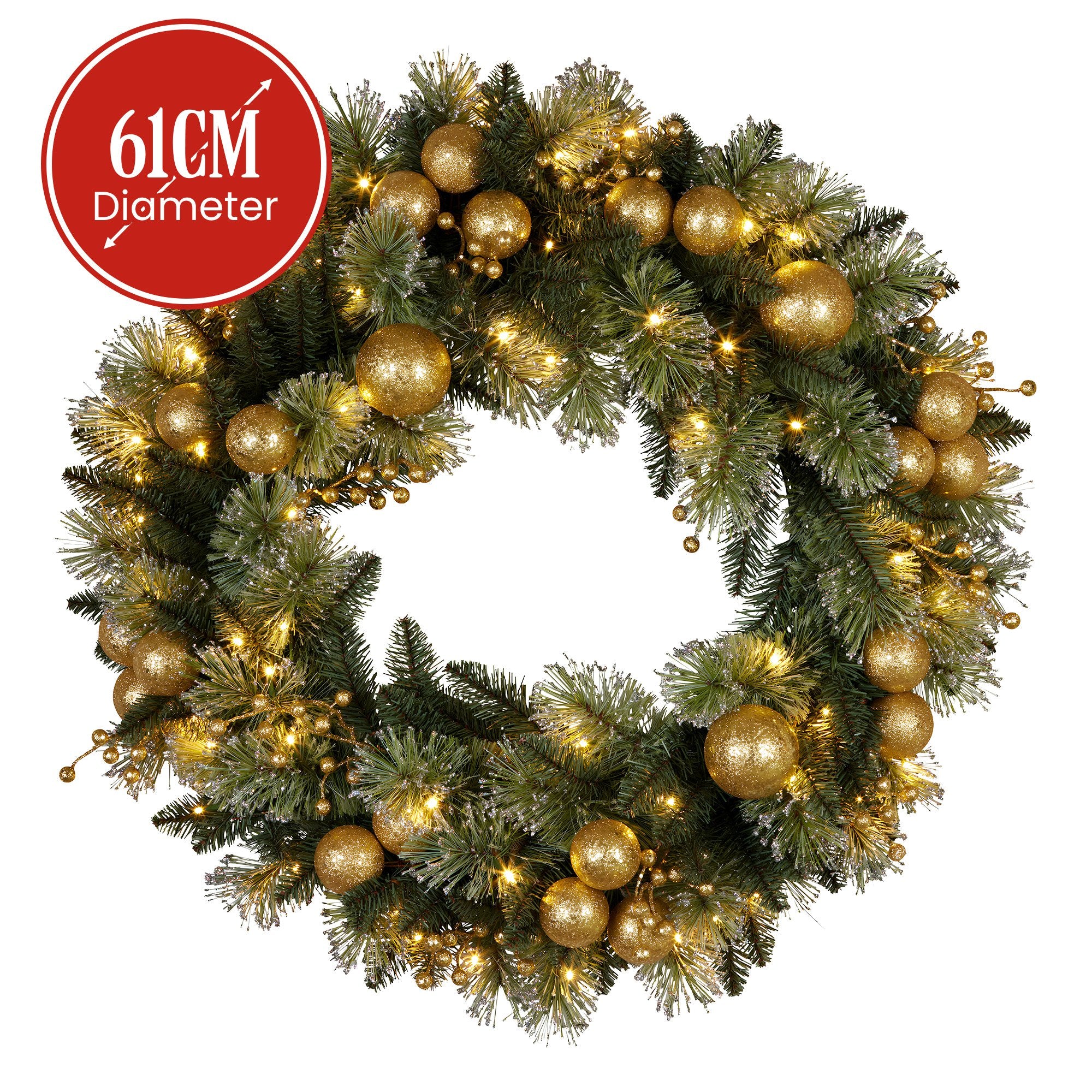 Christabelle 61cm Christmas Wreath Glittery Tipped with LED Lights and Golden Baubles Front Door Decoration V240-112_SENG61