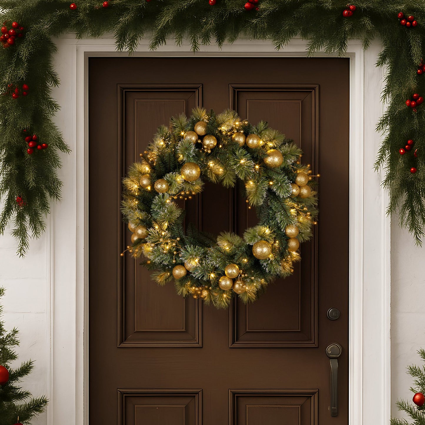 Christabelle 61cm Christmas Wreath Glittery Tipped with LED Lights and Golden Baubles Front Door Decoration V240-112_SENG61
