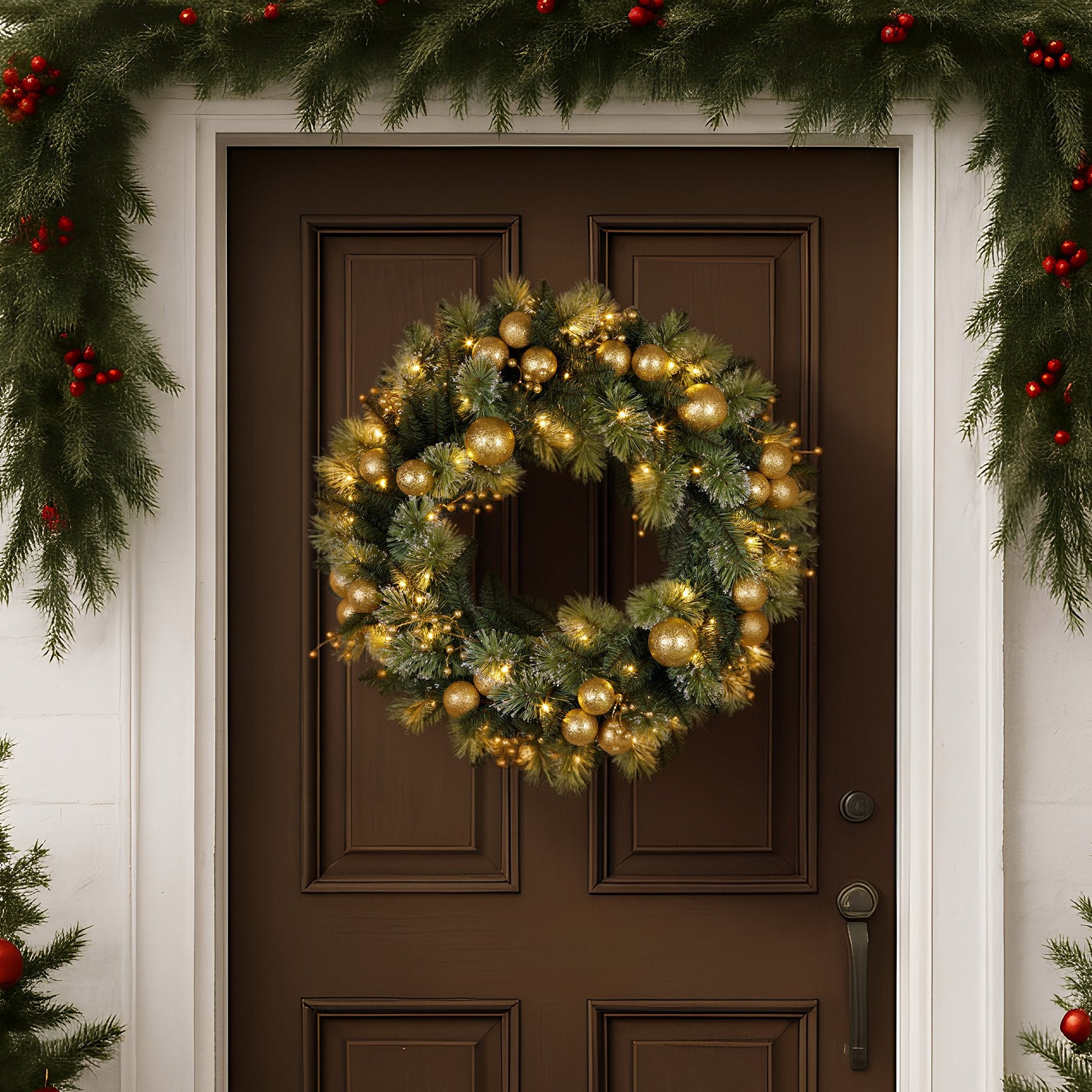 Christabelle 61cm Christmas Wreath Glittery Tipped with LED Lights and Golden Baubles Front Door Decoration V240-112_SENG61