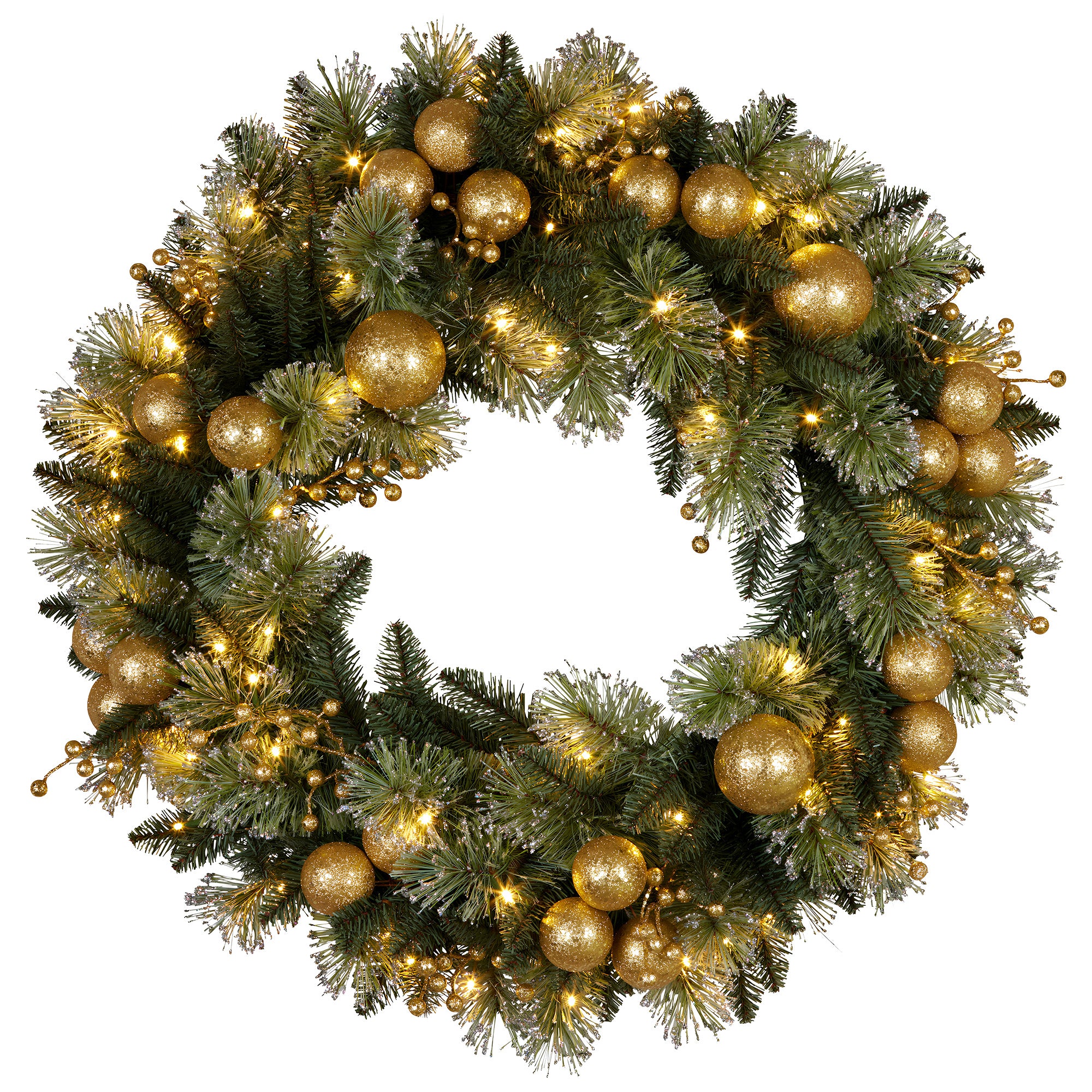Christabelle 76cm Christmas Wreath Glittery Tipped with LED Lights and Golden Baubles Front Door Decoration V240-112_SENG76