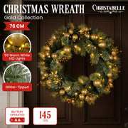 Christabelle 76cm Christmas Wreath Glittery Tipped with LED Lights and Golden Baubles Front Door Decoration V240-112_SENG76