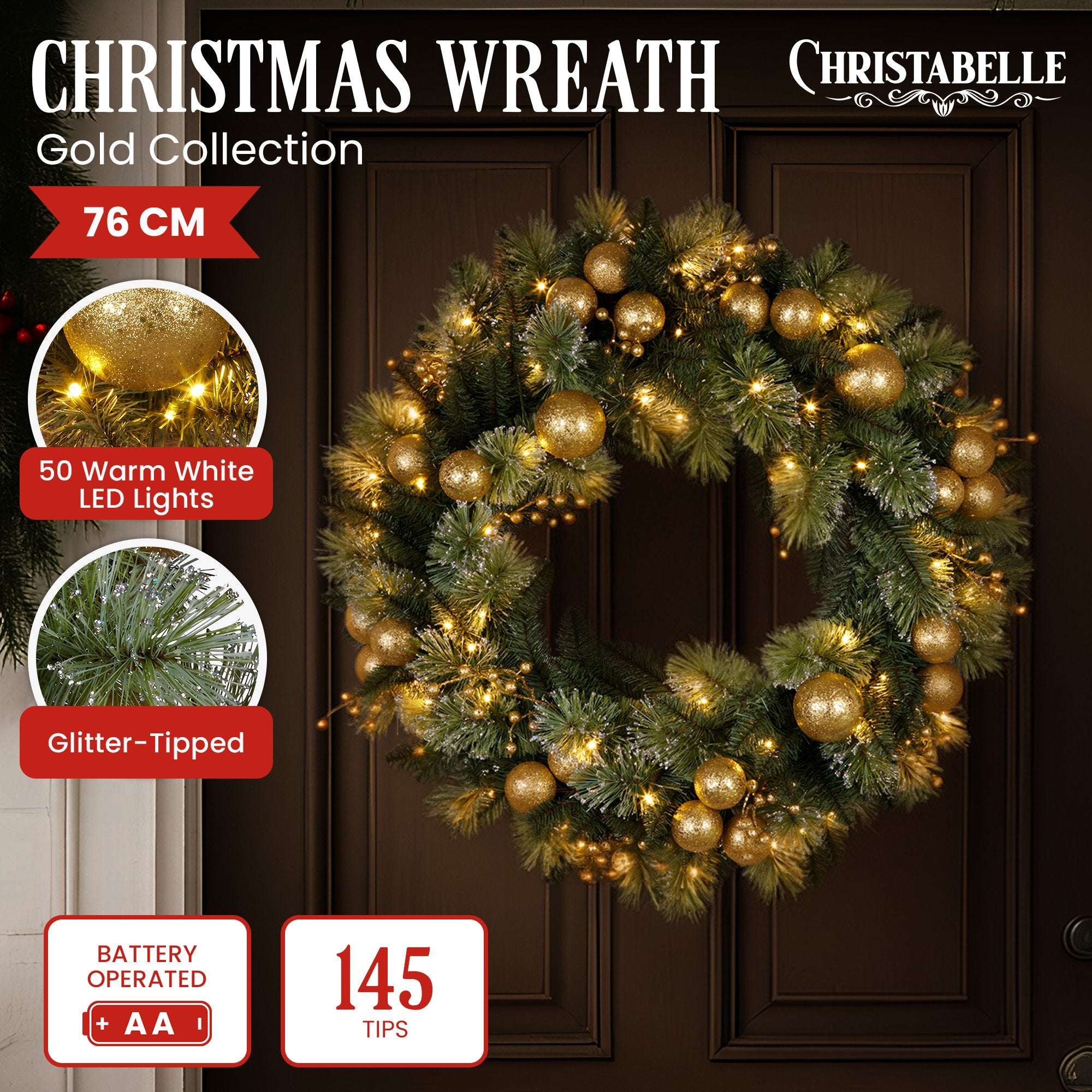 Christabelle 76cm Christmas Wreath Glittery Tipped with LED Lights and Golden Baubles Front Door Decoration V240-112_SENG76