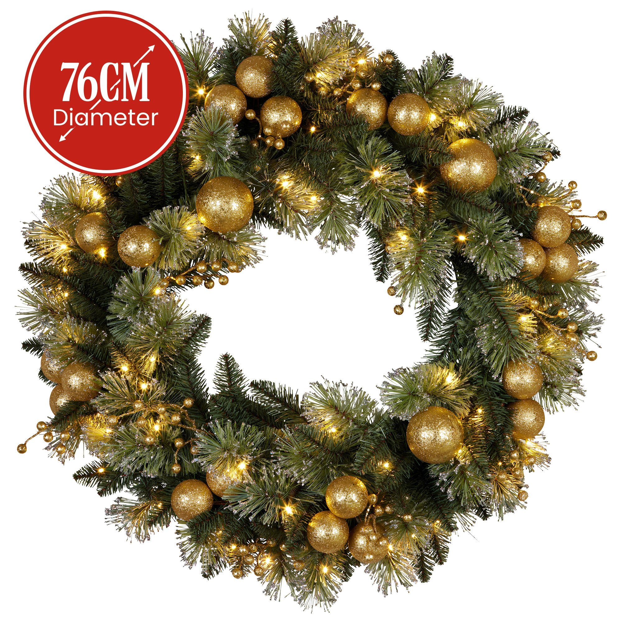 Christabelle 76cm Christmas Wreath Glittery Tipped with LED Lights and Golden Baubles Front Door Decoration V240-112_SENG76