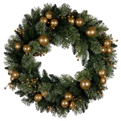 Christabelle 76cm Christmas Wreath Glittery Tipped with LED Lights and Golden Baubles Front Door Decoration V240-112_SENG76