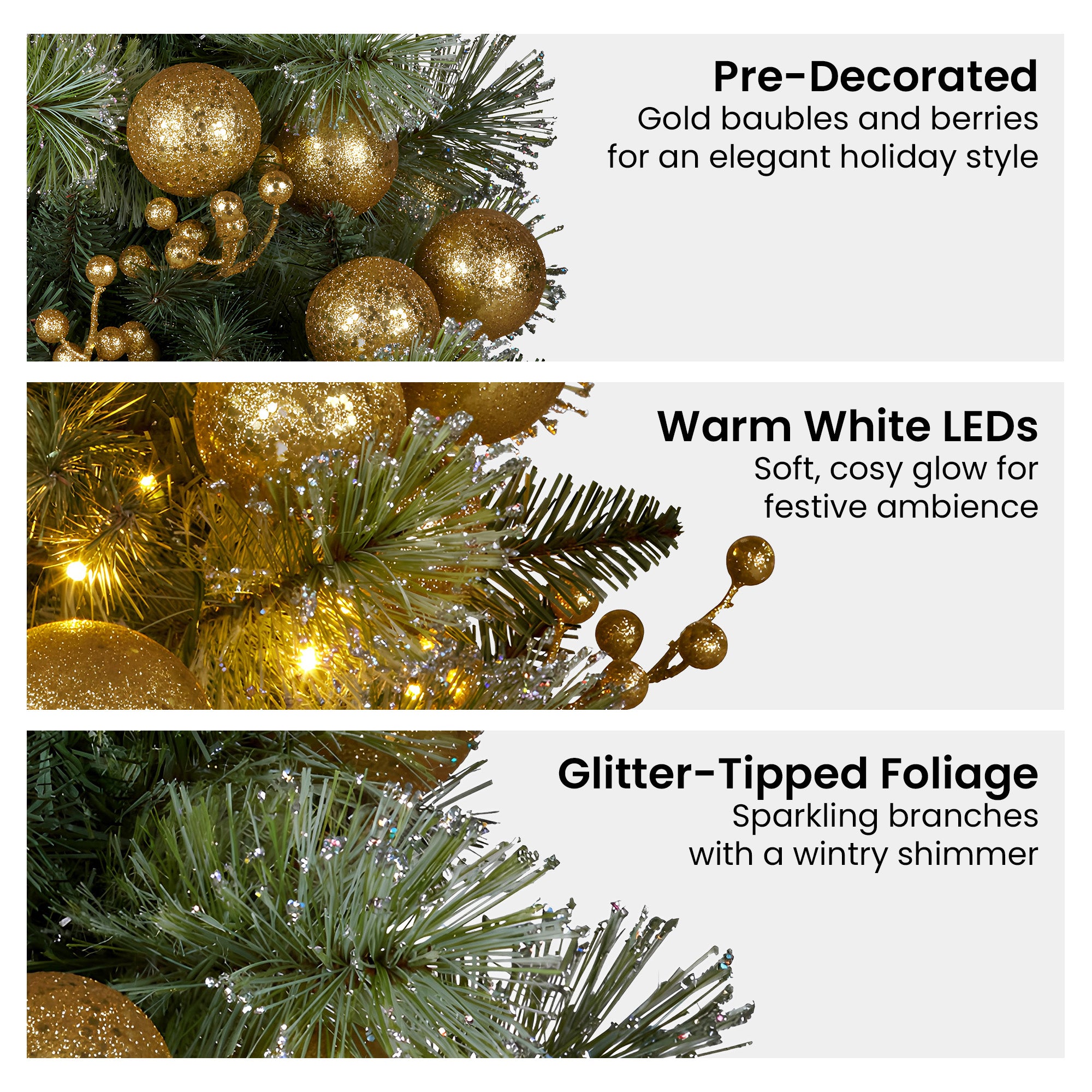 Christabelle 76cm Christmas Wreath Glittery Tipped with LED Lights and Golden Baubles Front Door Decoration V240-112_SENG76