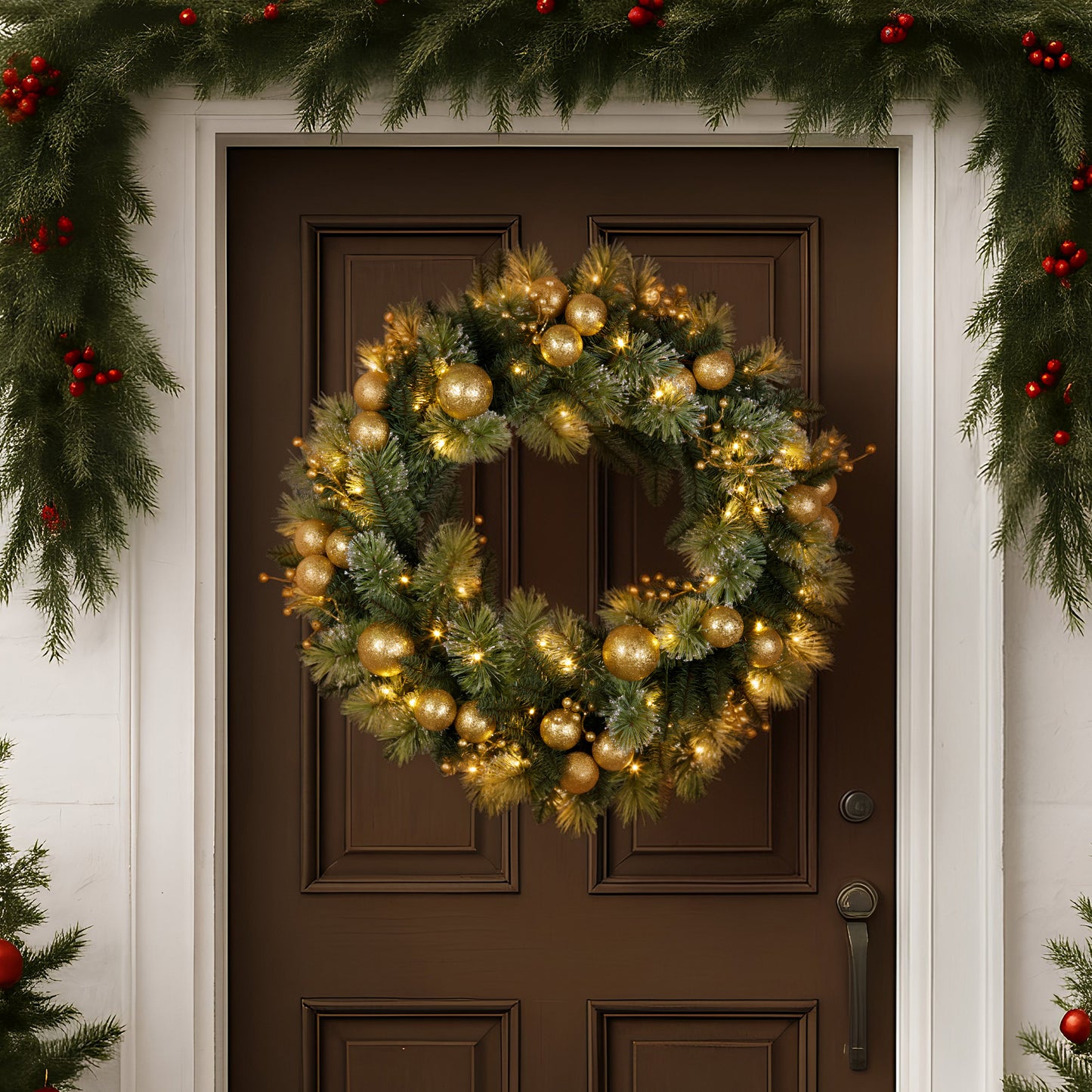 Christabelle 76cm Christmas Wreath Glittery Tipped with LED Lights and Golden Baubles Front Door Decoration V240-112_SENG76