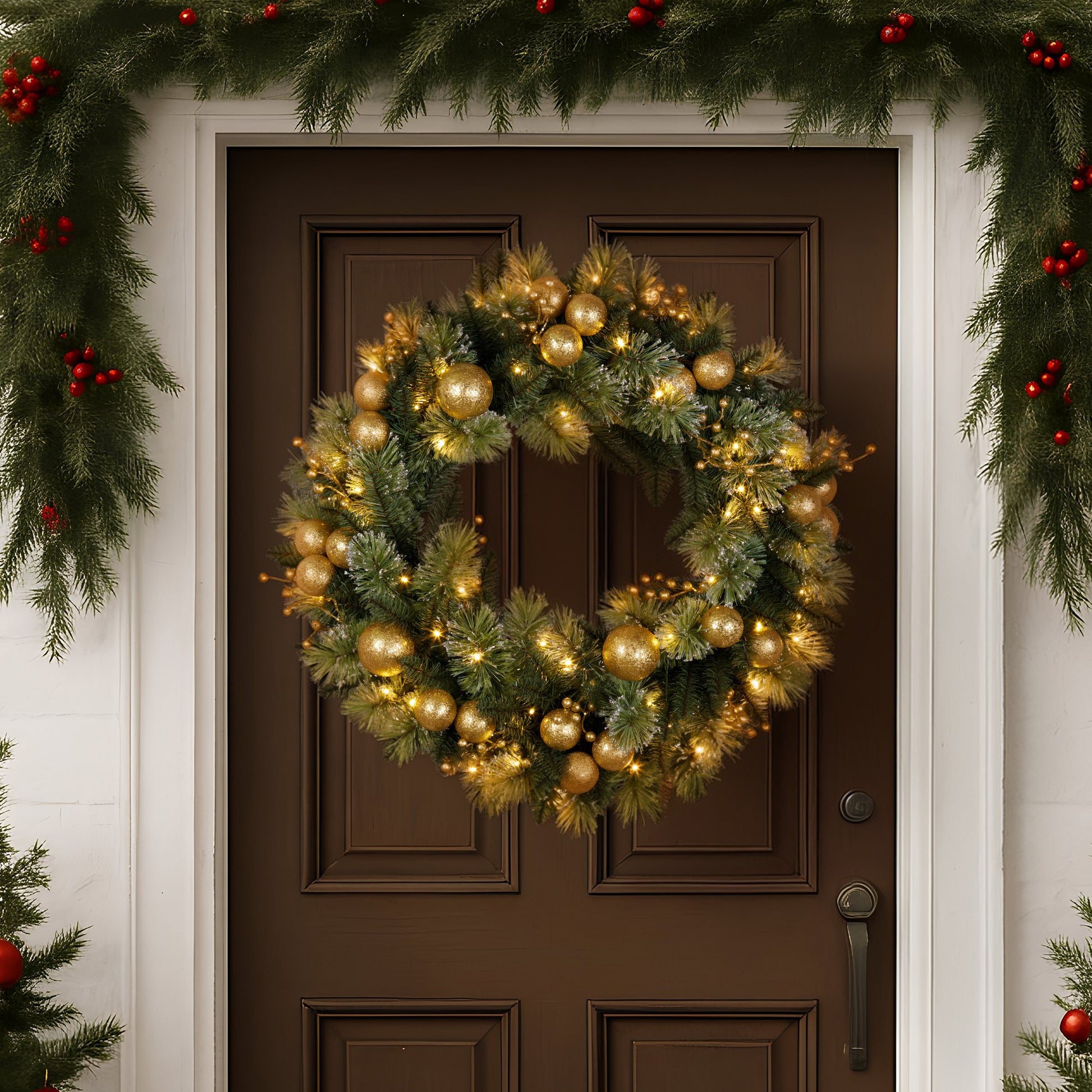 Christabelle 76cm Christmas Wreath Glittery Tipped with LED Lights and Golden Baubles Front Door Decoration V240-112_SENG76