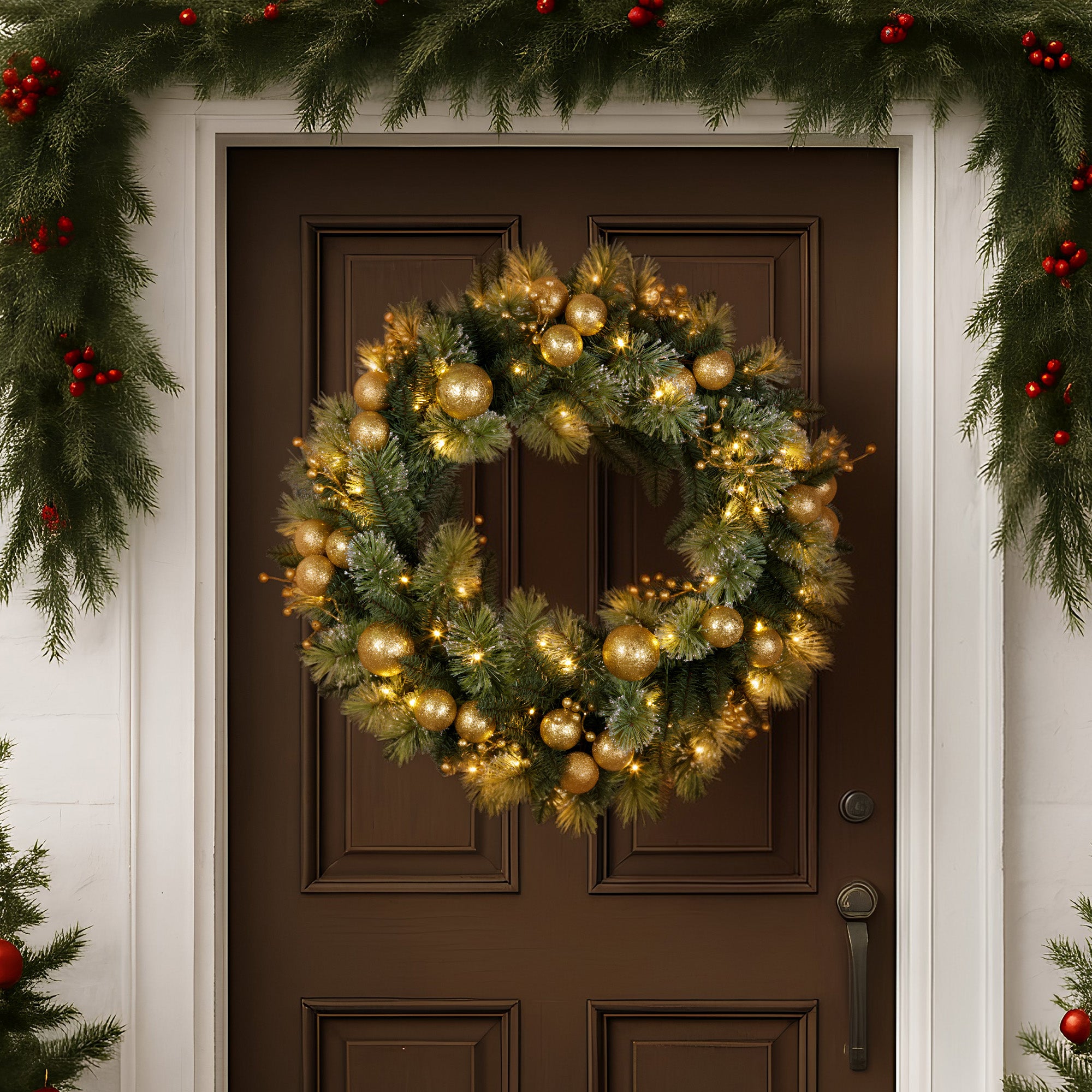 Christabelle 76cm Christmas Wreath Glittery Tipped with LED Lights and Golden Baubles Front Door Decoration V240-112_SENG76