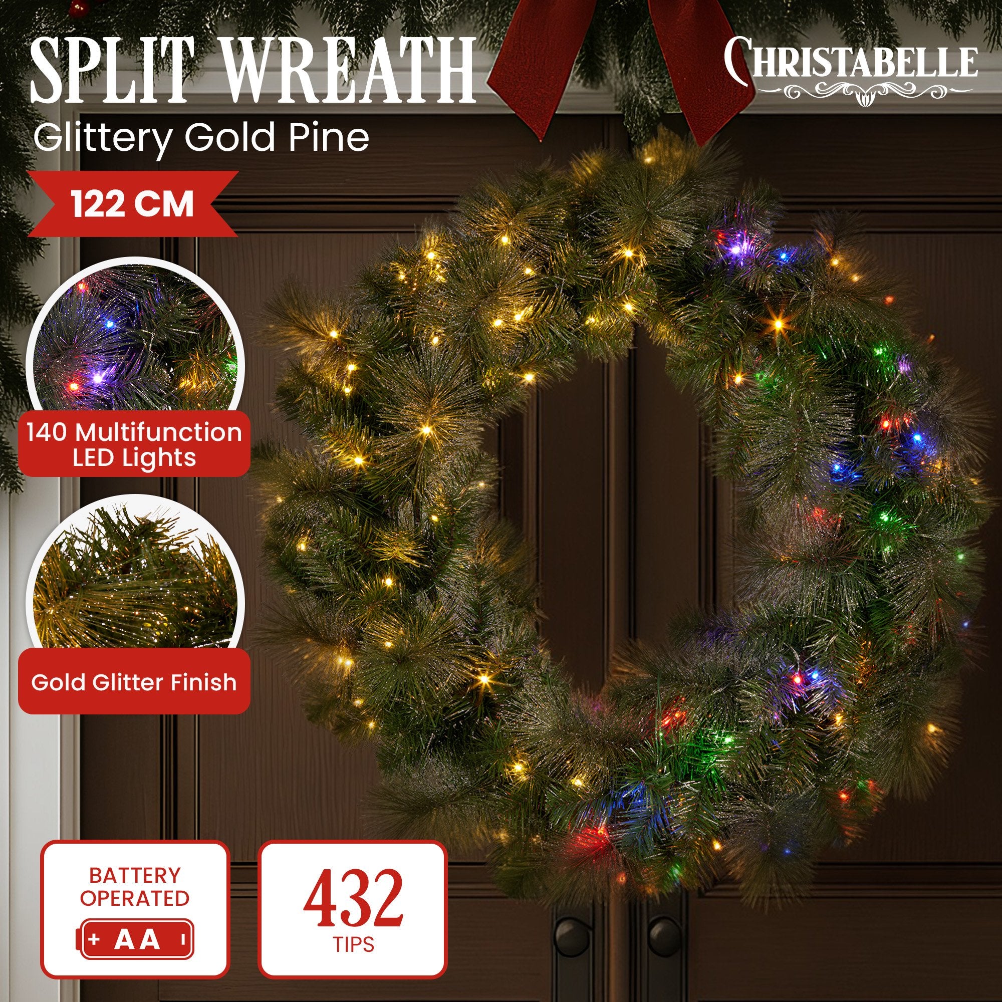 Christabelle 1.22m Split 2pc Christmas Wreath with LED Lights Pine Dual Front Doors Decoration Ornament V240-112_SENGG122S