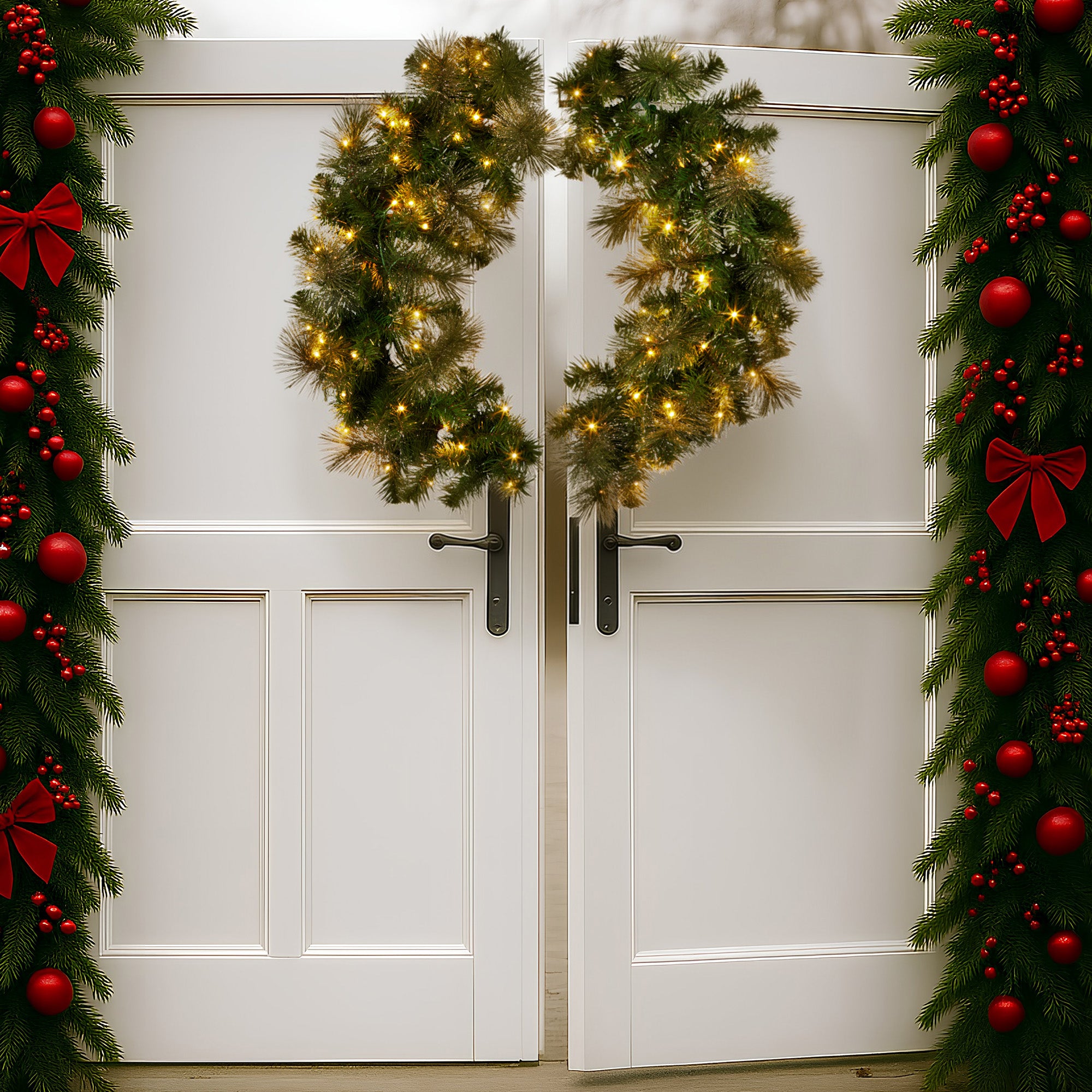 Christabelle 1.22m Split 2pc Christmas Wreath with LED Lights Pine Dual Front Doors Decoration Ornament V240-112_SENGG122S