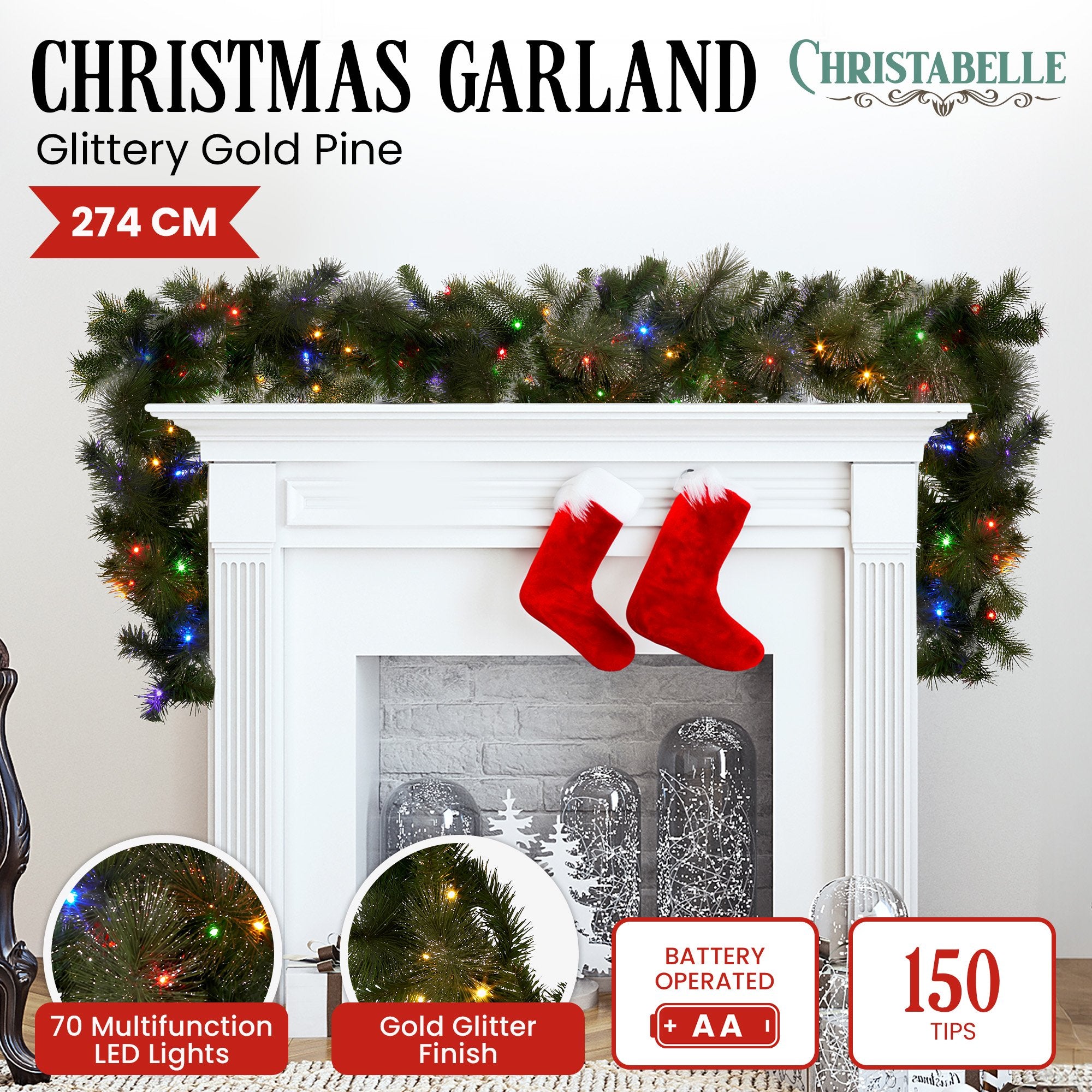 Christabelle 2.7m Christmas Garland with LED Lights Glittery Gold Pine Mantle Decoration Ornament V240-112_SENGG274