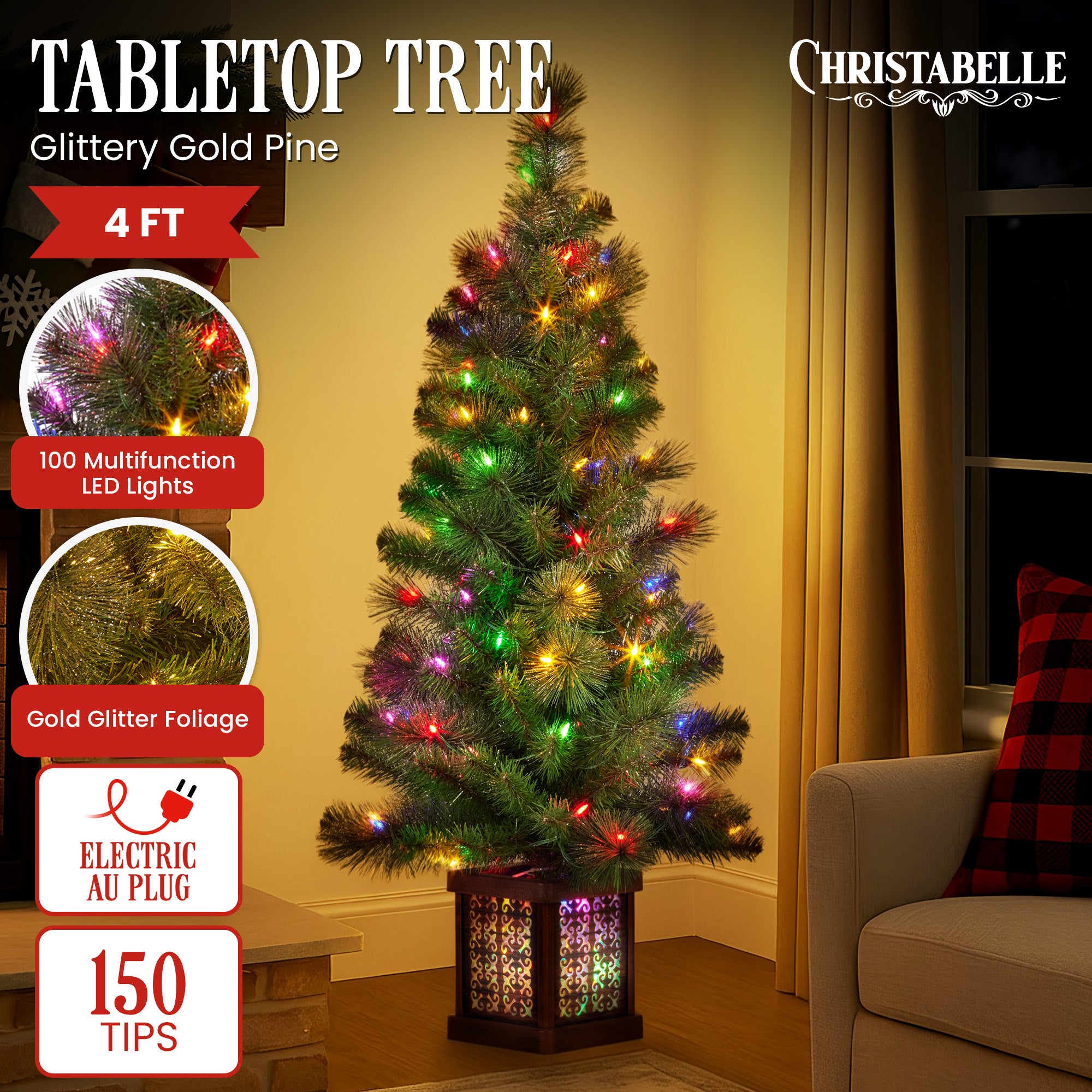 Christabelle 4ft Christmas Tree Glittery Gold Pine Led Multi Lights Xmas Decor V240-112_SENGG4P