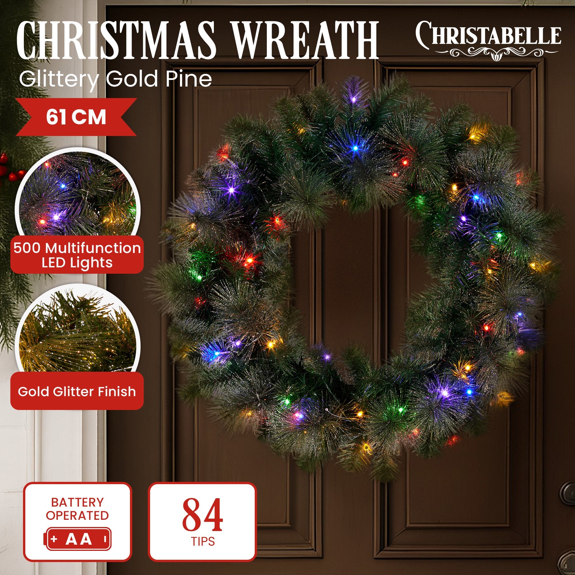 Christabelle 61cm Christmas Wreath with LED Lights Glittery Gold Pine re-Lit Front Door Decoration Ornament V240-112_SENGG61