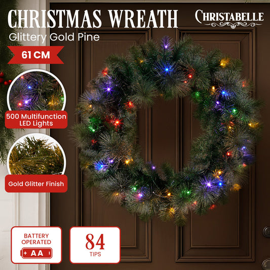 Christabelle 61cm Christmas Wreath with LED Lights Glittery Gold Pine re-Lit Front Door Decoration Ornament V240-112_SENGG61