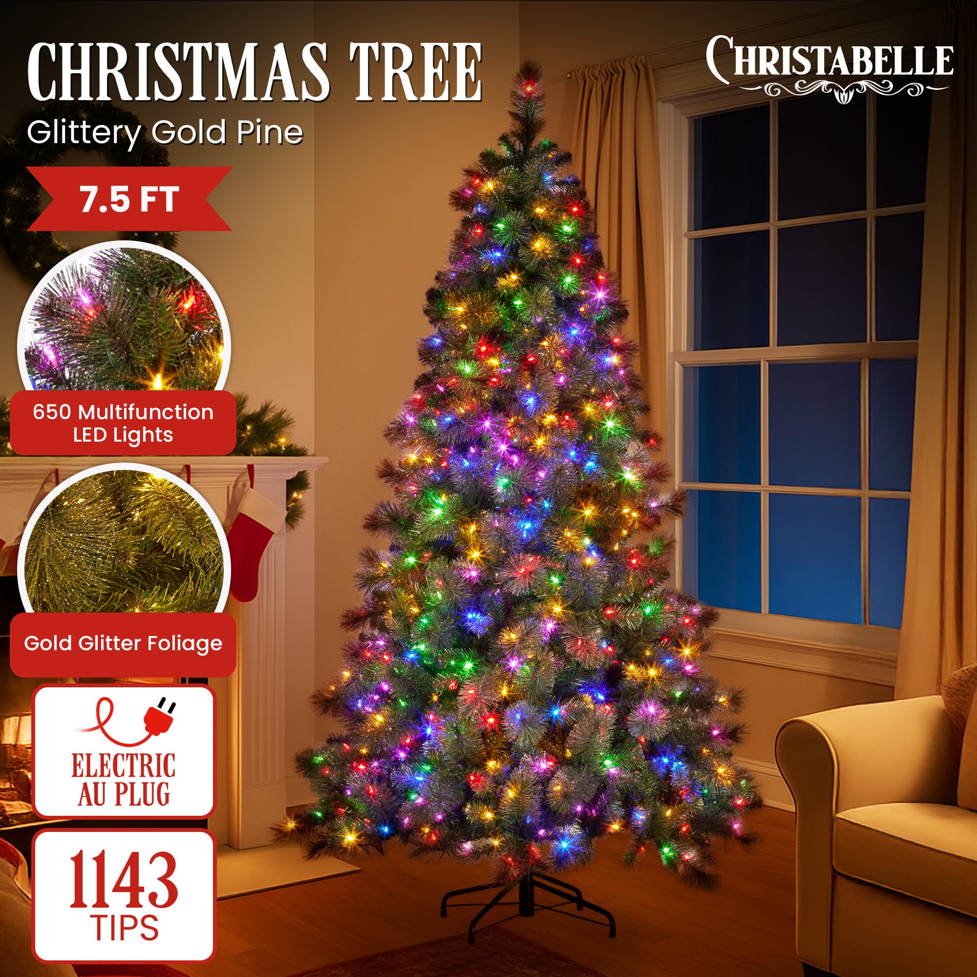Christabelle 7.5ft Christmas Tree Glittery Gold Pine Led Multi-functional Lights V240-112_SENGG75