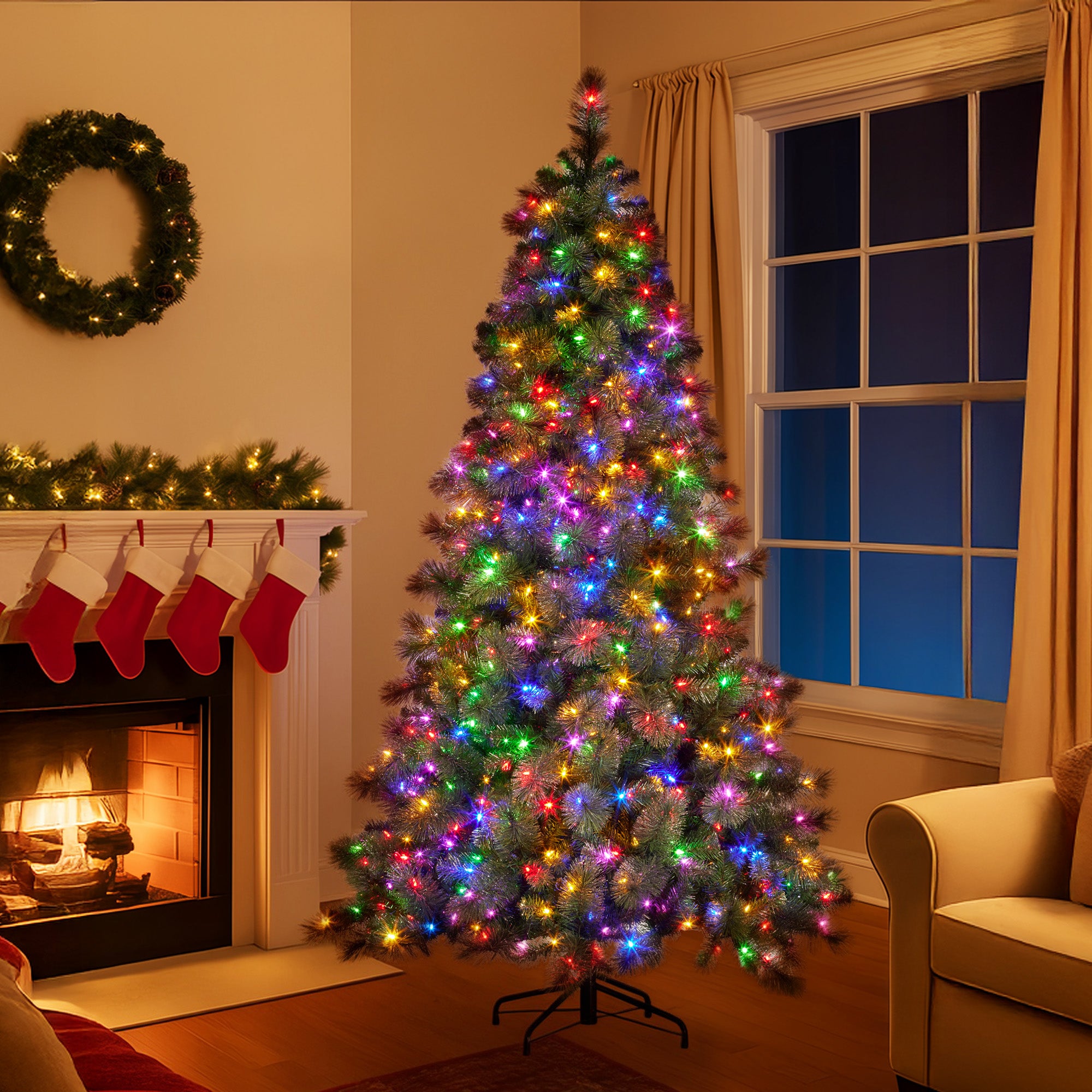 Christabelle 7.5ft Christmas Tree Glittery Gold Pine Led Multi-functional Lights V240-112_SENGG75