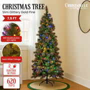 Christabelle 7.5ft Christmas Tree Slim Glittery Gold Pine Led Lights Xmas Decor V240-112_SENGG75S