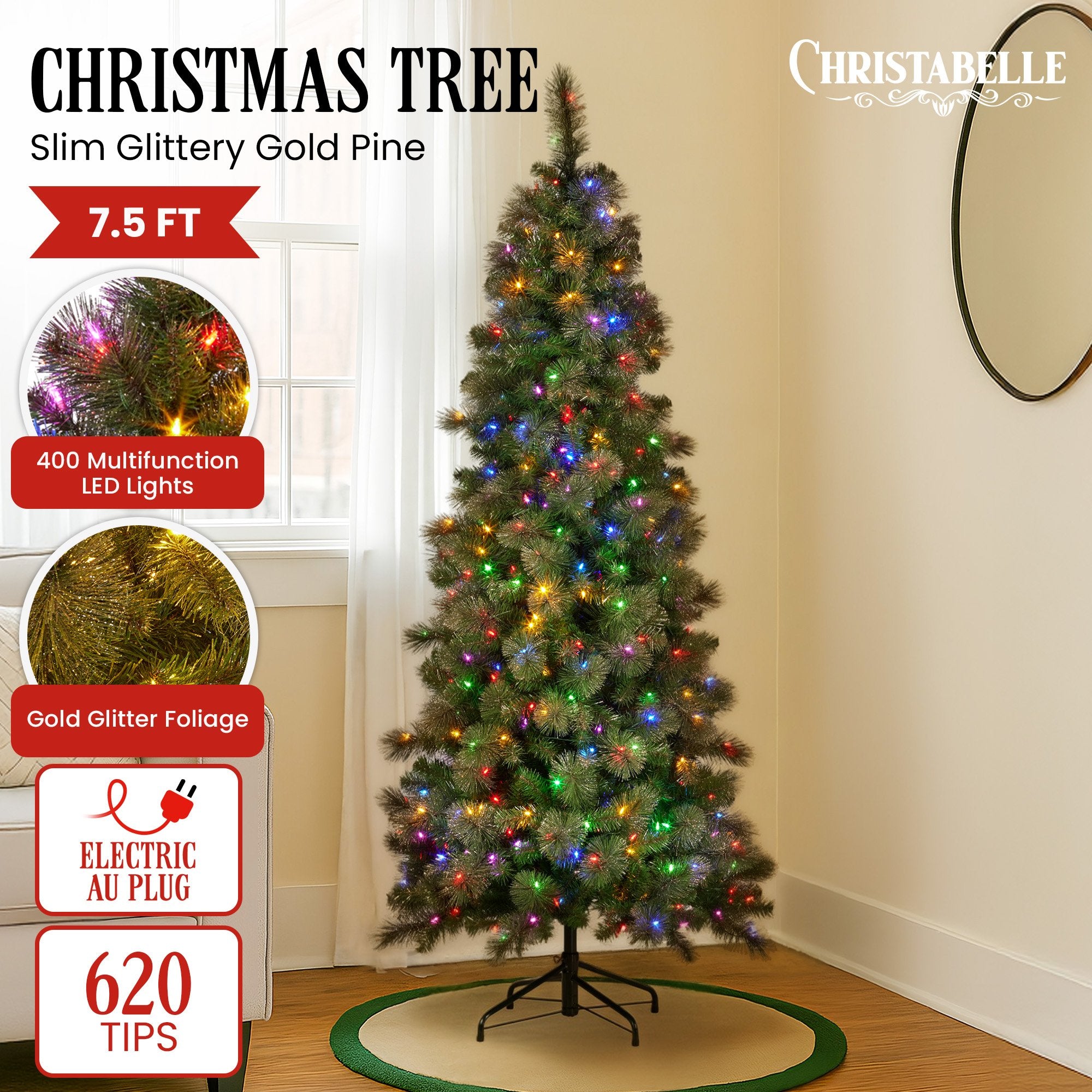 Christabelle 7.5ft Christmas Tree Slim Glittery Gold Pine Led Lights Xmas Decor V240-112_SENGG75S