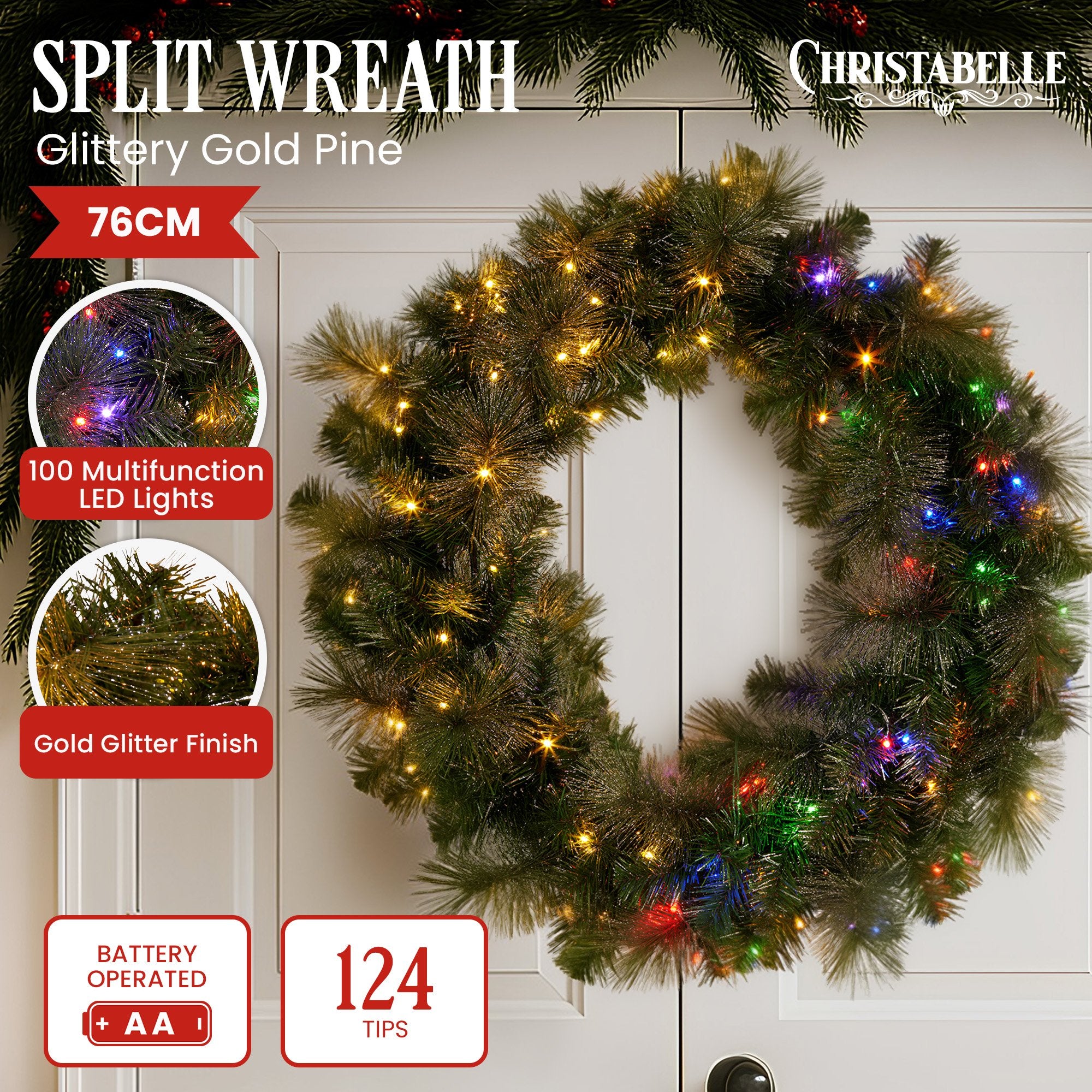 Christabelle 76cm Split Christmas Wreath with LED Lights for Double Front Doors Decoration V240-112_SENGG76S