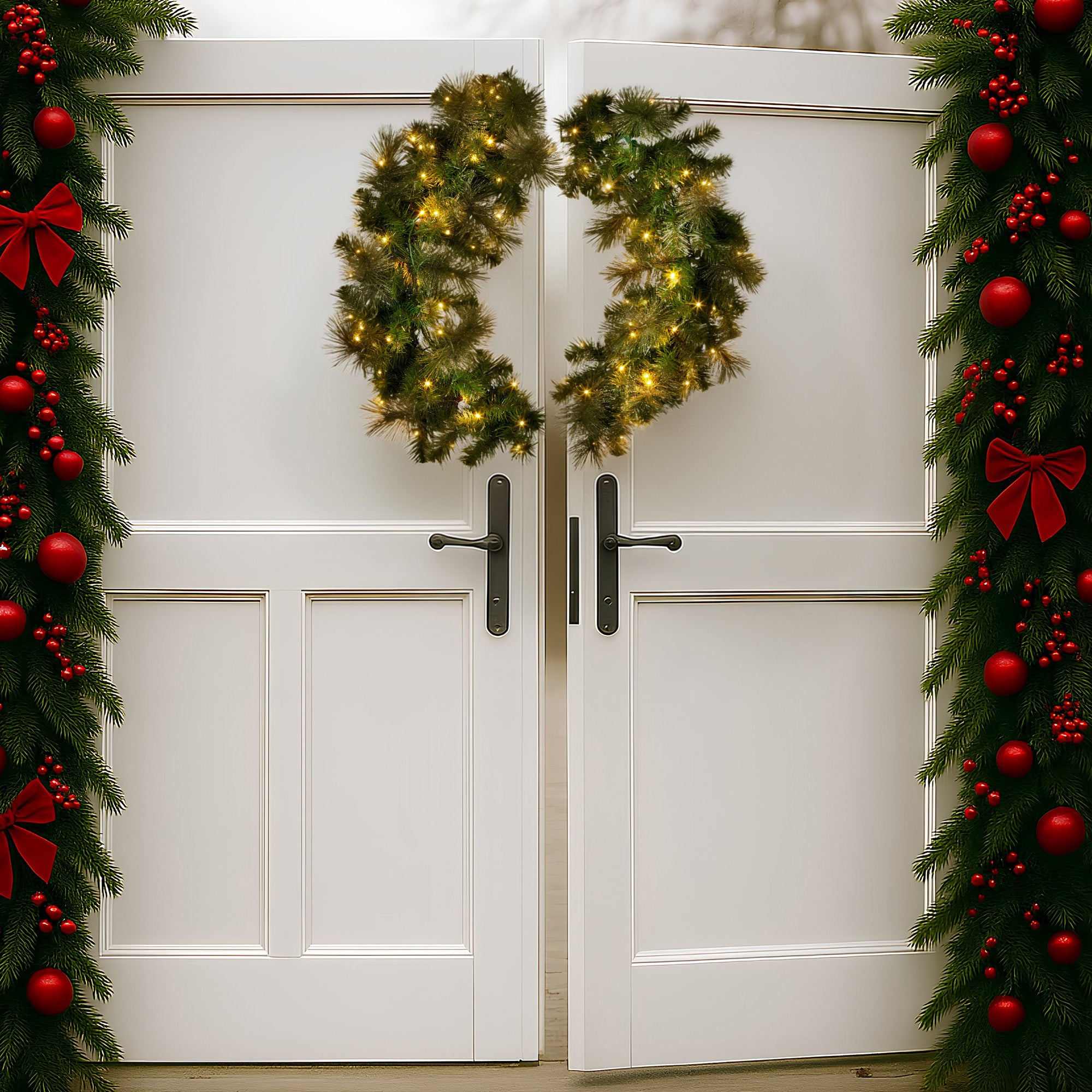 Christabelle 76cm Split Christmas Wreath with LED Lights for Double Front Doors Decoration V240-112_SENGG76S