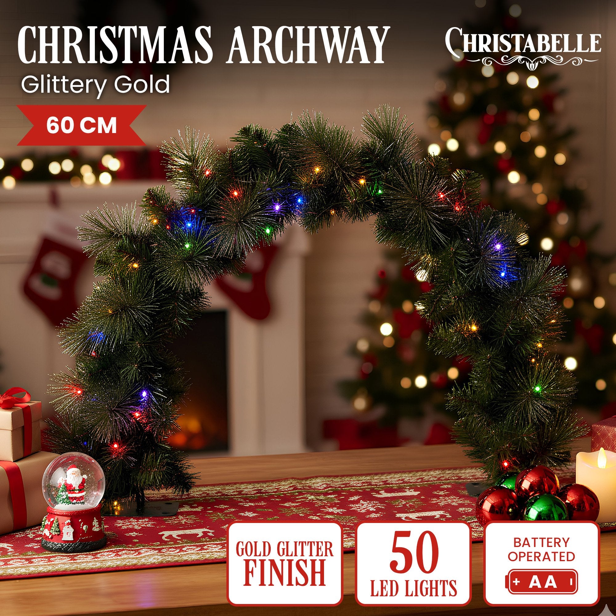 Christabelle 60cm Tabletop Christmas Archway Garland with LED Lights Gold Mantle Decoration Ornament V240-112_SENGGTA