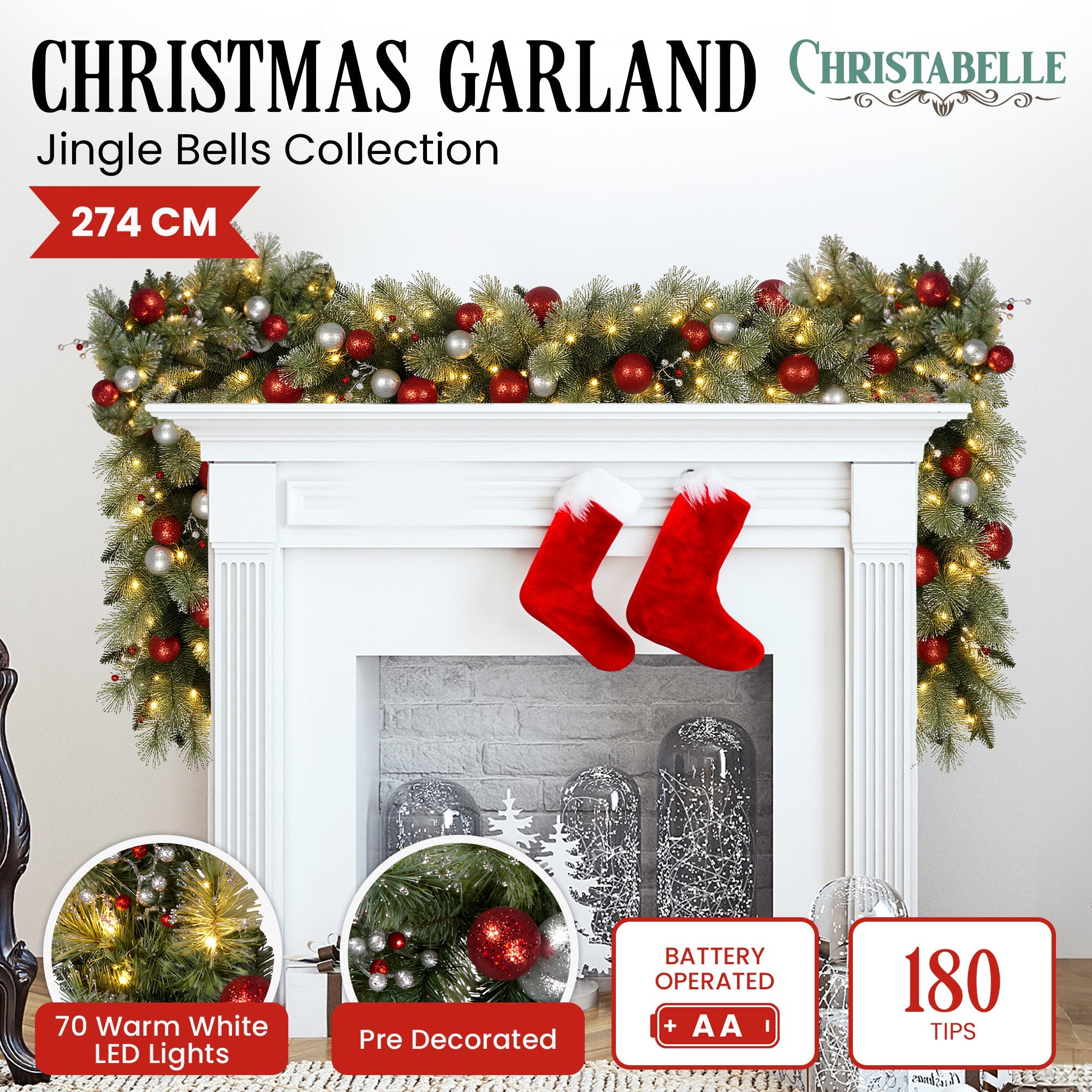 Christabelle 2.7m Christmas Garland with LED Lights and Baubles Mantle Decoration Ornament V240-112_SENJB274
