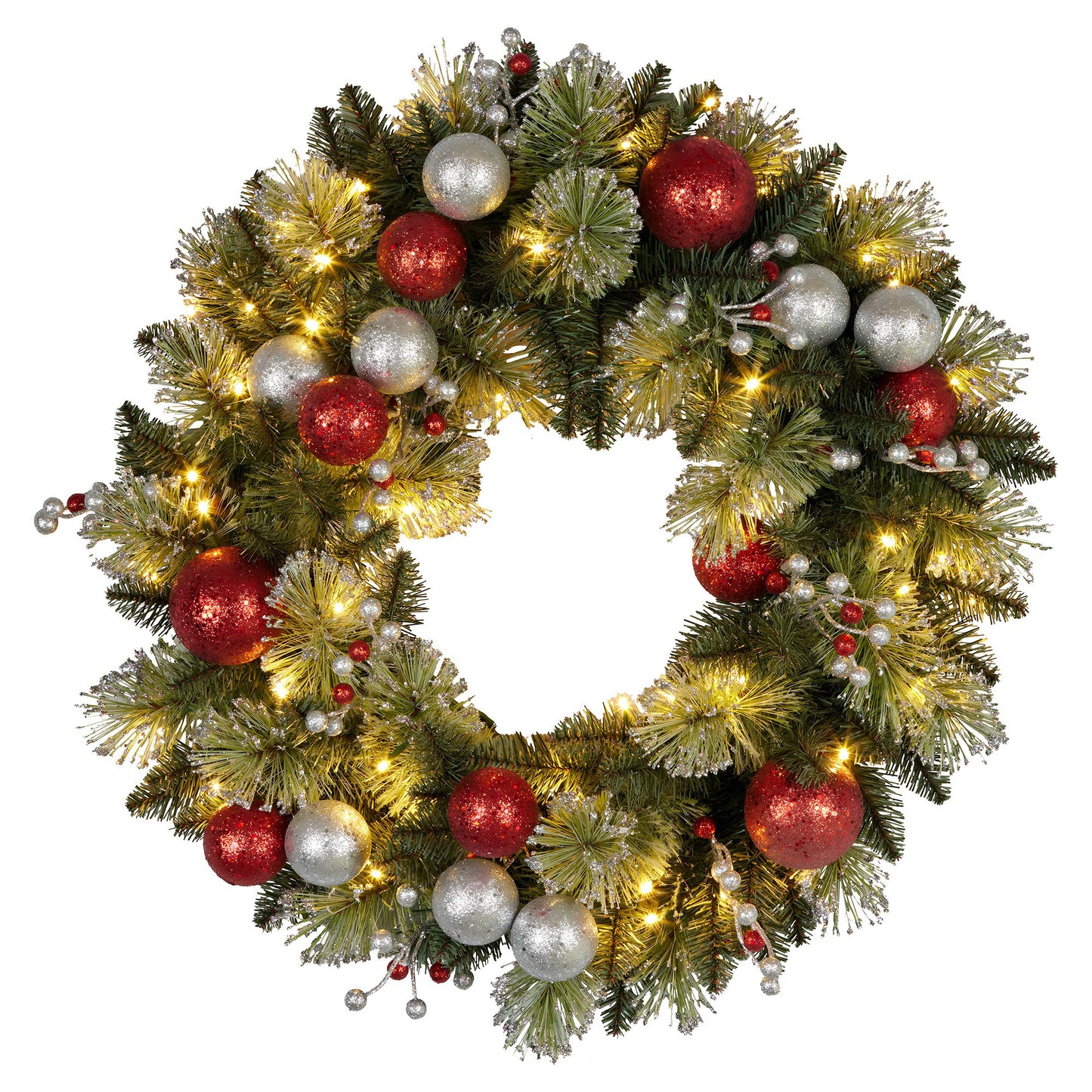 Christabelle Stunning 61cm Christmas Wreath with LED Lights Baubles Berries Red Silver Front Door Decoration V240-112_SENJB61