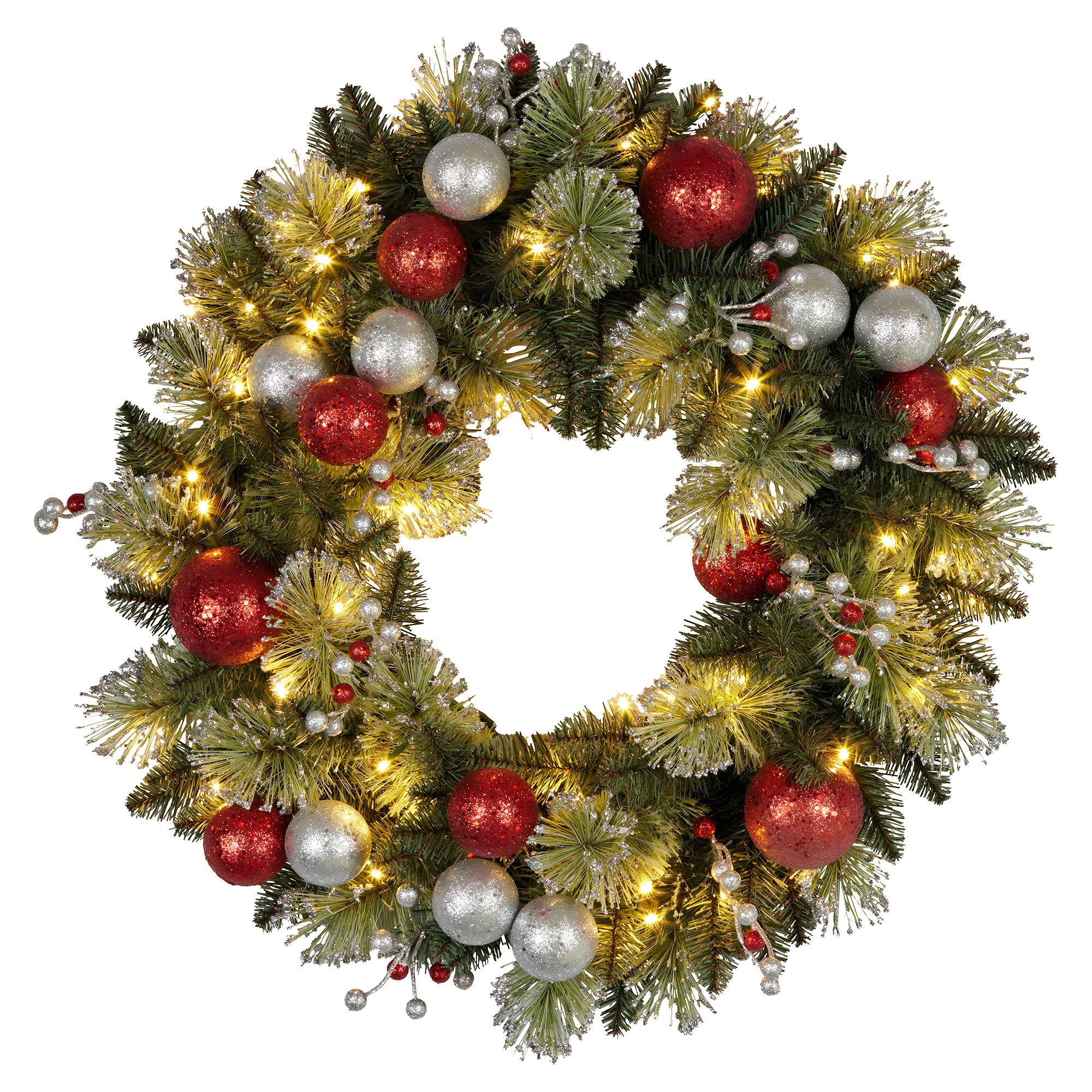 Christabelle Stunning 61cm Christmas Wreath with LED Lights Baubles Berries Red Silver Front Door Decoration V240-112_SENJB61