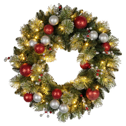 Christabelle Stunning 61cm Christmas Wreath with LED Lights Baubles Berries Red Silver Front Door Decoration V240-112_SENJB61