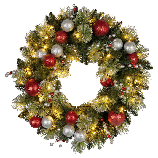 Christabelle Stunning 61cm Christmas Wreath with LED Lights Baubles Berries Red Silver Front Door Decoration V240-112_SENJB61