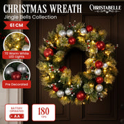 Christabelle Stunning 61cm Christmas Wreath with LED Lights Baubles Berries Red Silver Front Door Decoration V240-112_SENJB61