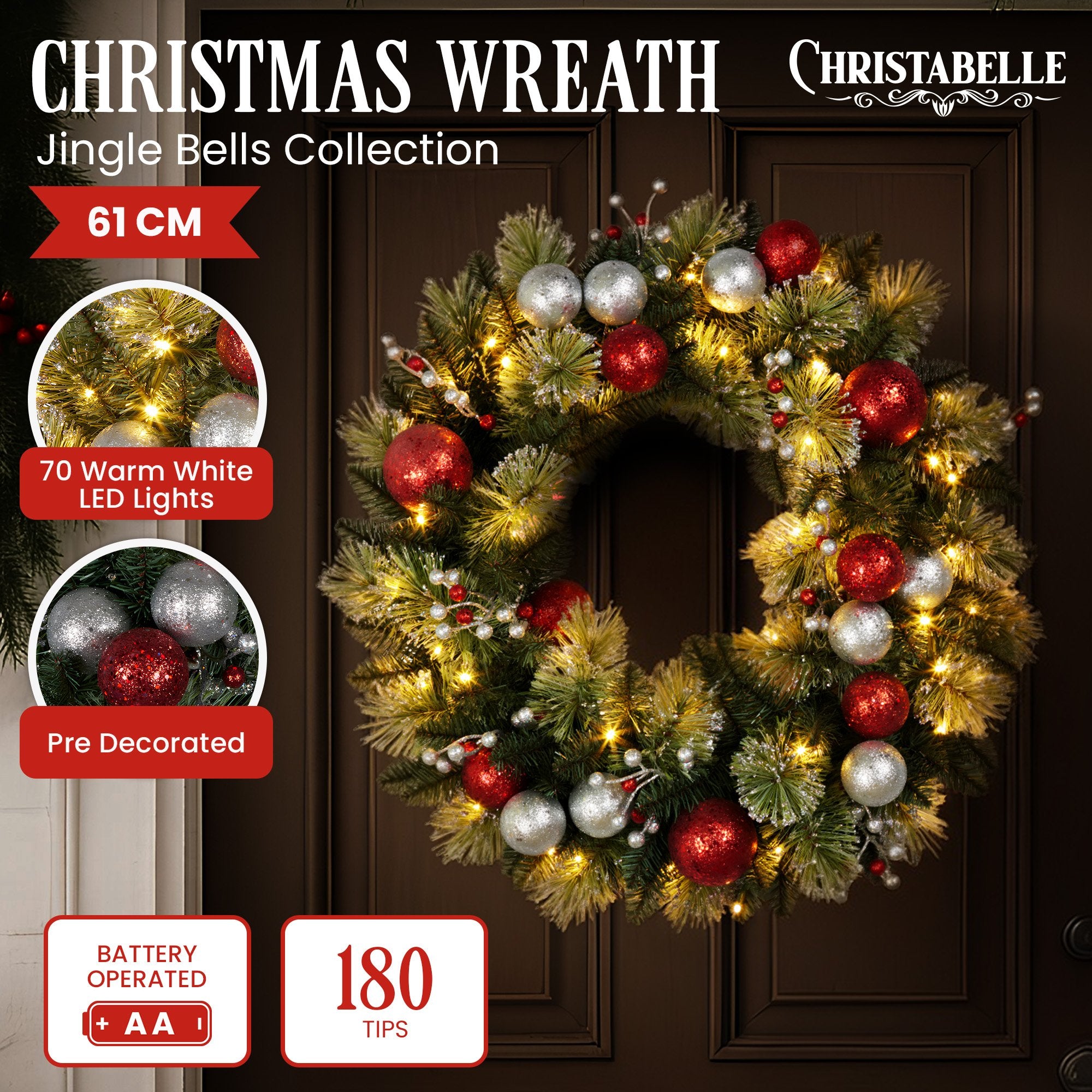 Christabelle Stunning 61cm Christmas Wreath with LED Lights Baubles Berries Red Silver Front Door Decoration V240-112_SENJB61