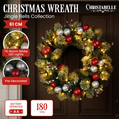 Christabelle Stunning 61cm Christmas Wreath with LED Lights Baubles Berries Red Silver Front Door Decoration V240-112_SENJB61