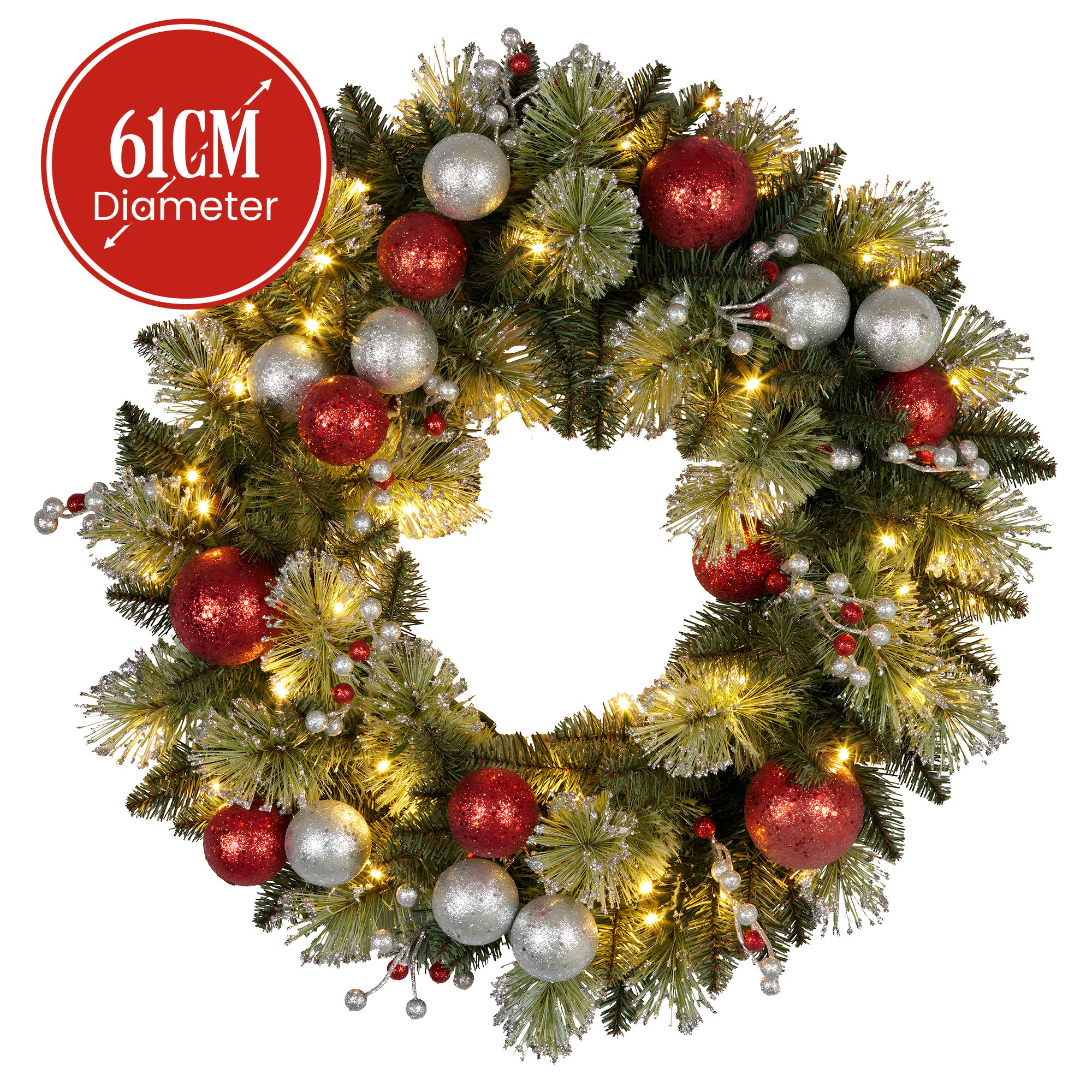Christabelle Stunning 61cm Christmas Wreath with LED Lights Baubles Berries Red Silver Front Door Decoration V240-112_SENJB61
