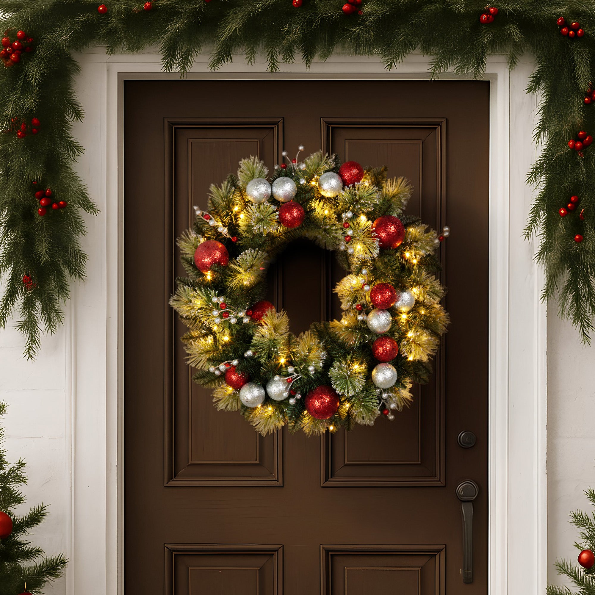 Christabelle Stunning 61cm Christmas Wreath with LED Lights Baubles Berries Red Silver Front Door Decoration V240-112_SENJB61
