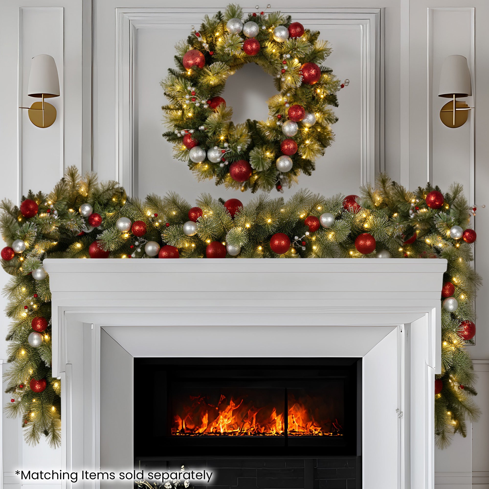 Christabelle Stunning 61cm Christmas Wreath with LED Lights Baubles Berries Red Silver Front Door Decoration V240-112_SENJB61